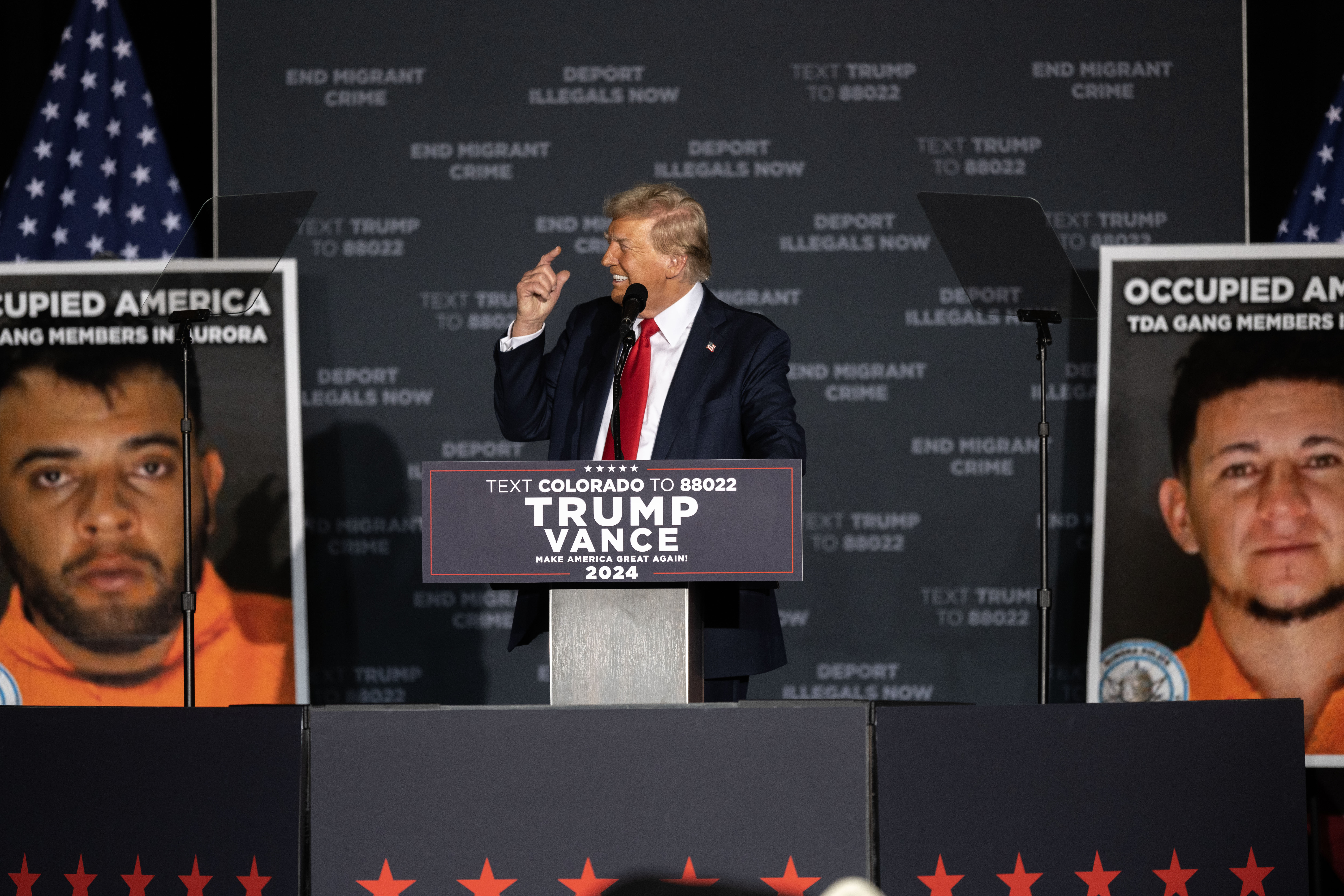 Trump addresses the crowd during a political rally at the Gaylord Rockies Resort and Convention Center in Aurora on Friday, Oct. 11, 2024. (Stephen Swofford, Denver Gazette) (Stephen Swofford Denver Gazette)