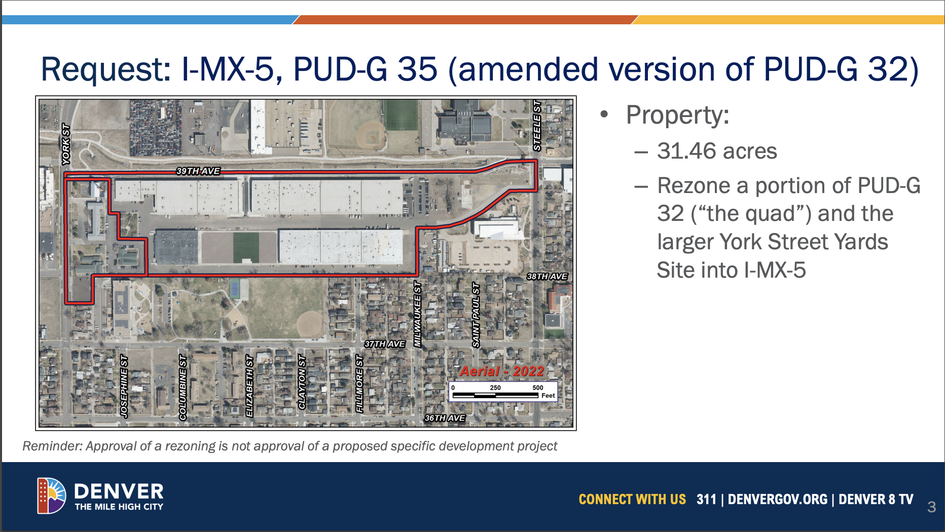 A city slide showing the requested zoning change for the York Street Yards area. (Community Planning and Development)