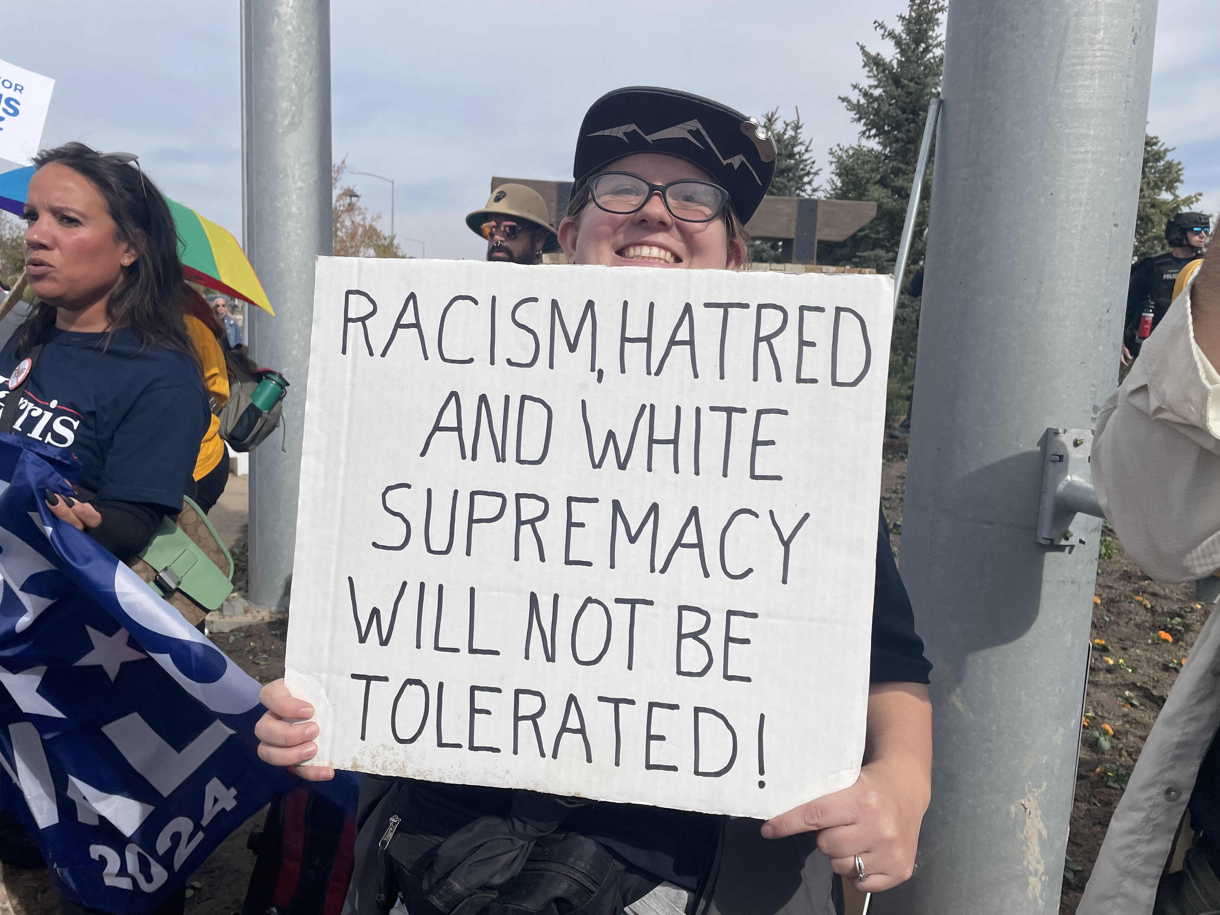 One of around three dozen people who showed up to protest former President Donald Trump's visit to the Gaylord Resort and Conference Center in Aurora Friday, Oct. 11, 2024. (CarolMcKinleyDenver Enterprise Reportercarol.mckinley@gazette.comhttps://denvergazette.com/content/tncms/avatars/5/c3/a0f/5c3a0fbe-1007-11ec-9e18-b7f42cfa4b0f.9565a0ce58866e86bcf18260621c2a46.png)