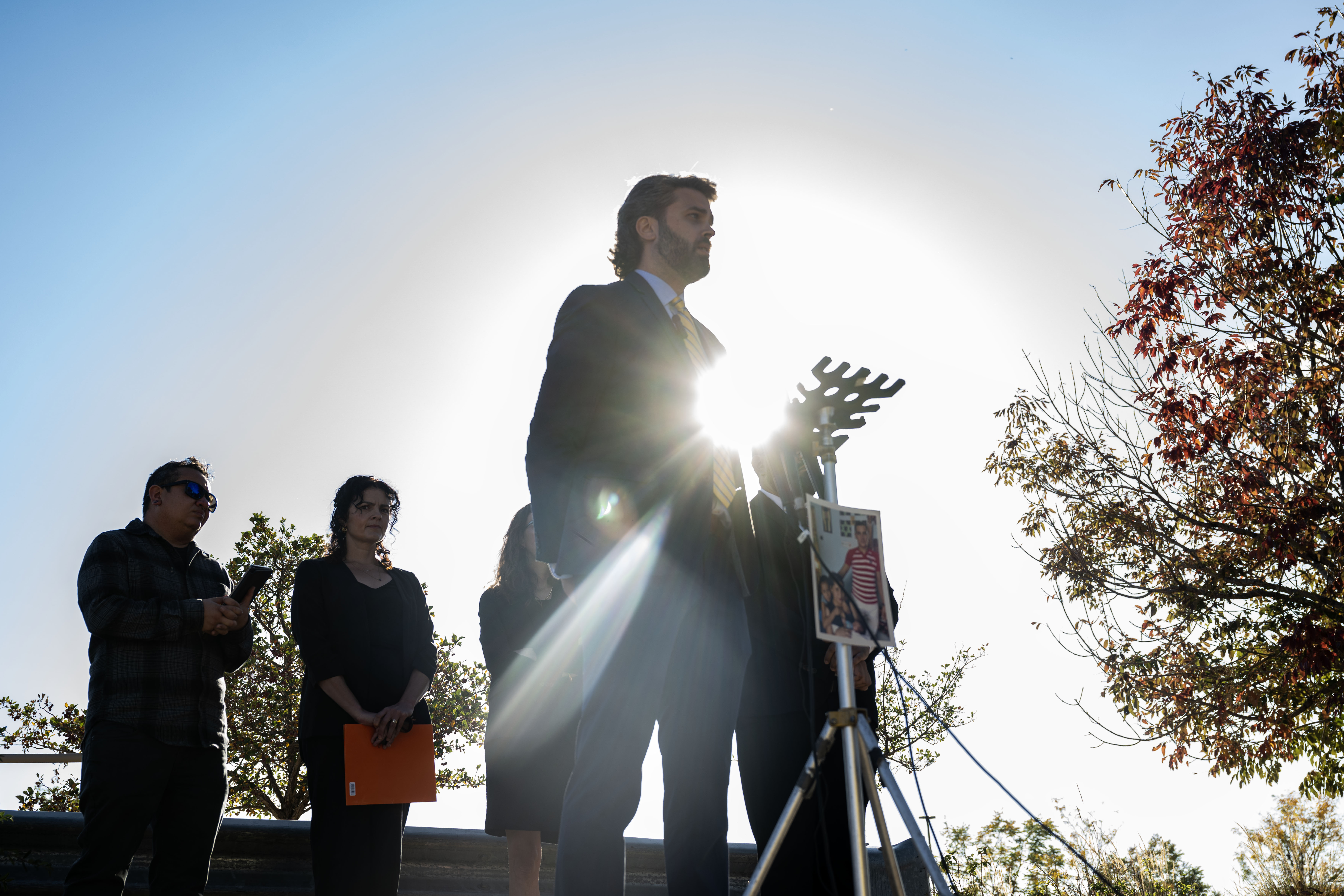Aaron Slade, attorney for the family of Melvin Ariel Calero Mendoza, a 39-year-old Nicaraguan asylum seeker who died at the Aurora Contract Detention Facility two years ago, gives a press conference outside the facility to announce a wrongful death lawsuit against The Geo Group, the private prison's operator, and its medical director on Tuesday, Oct. 15, 2024. (Stephen Swofford, Denver Gazette) (StephenSwoffordPhotographerstephen.swofford@gazette.comhttps://secure.gravatar.com/avatar/1ddcaf11c5d70eaa58546ddc4e038687?d=mm&r=g)