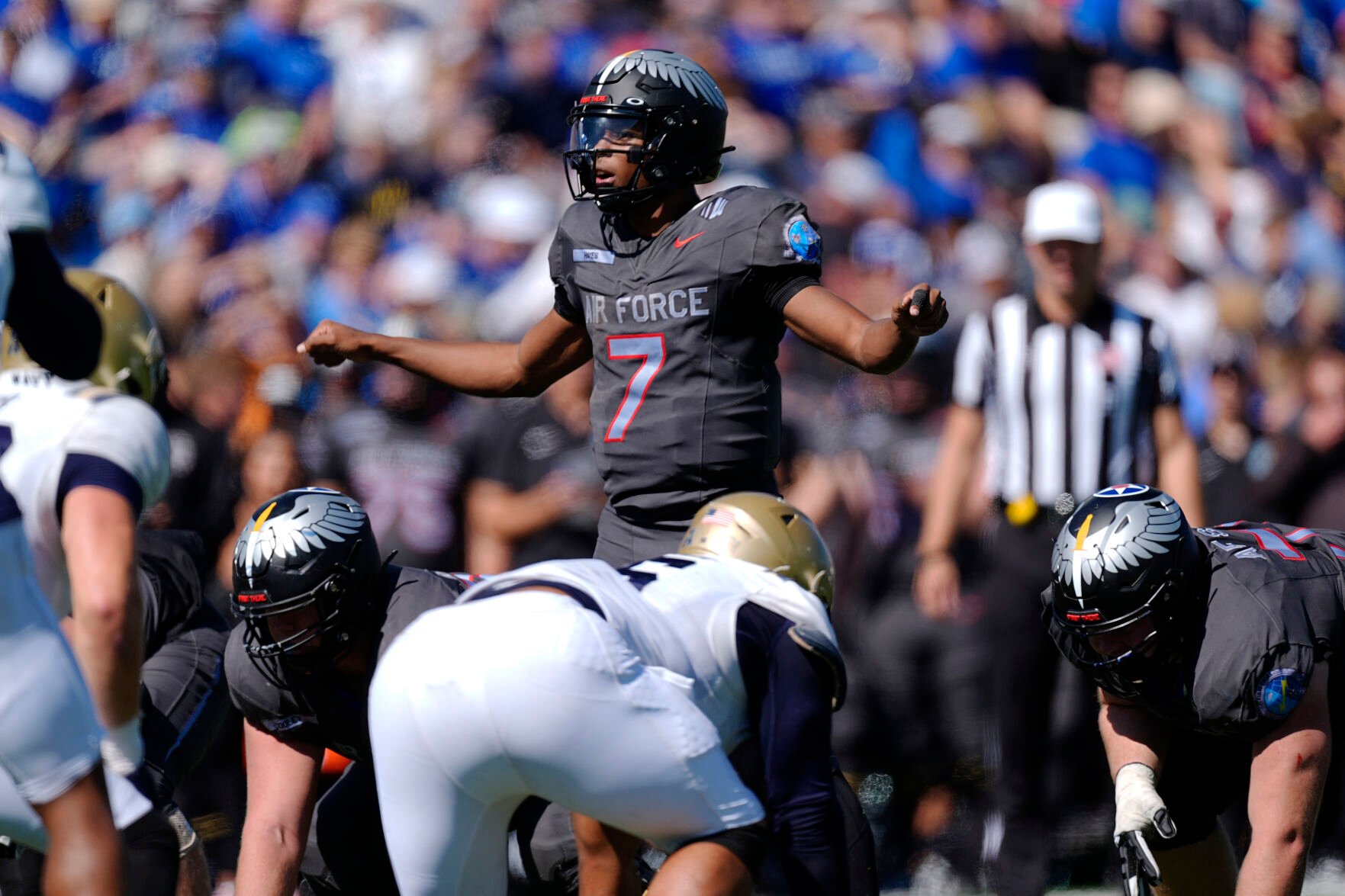 Air Force quarterback Quentin Hayes gestures before taking the snap in the second half of an NCAA college football game against Navy Saturday, Oct. 5, 2024, at Air Force Academy, Colo.(AP Photo/David Zalubowski) (David Zalubowski)