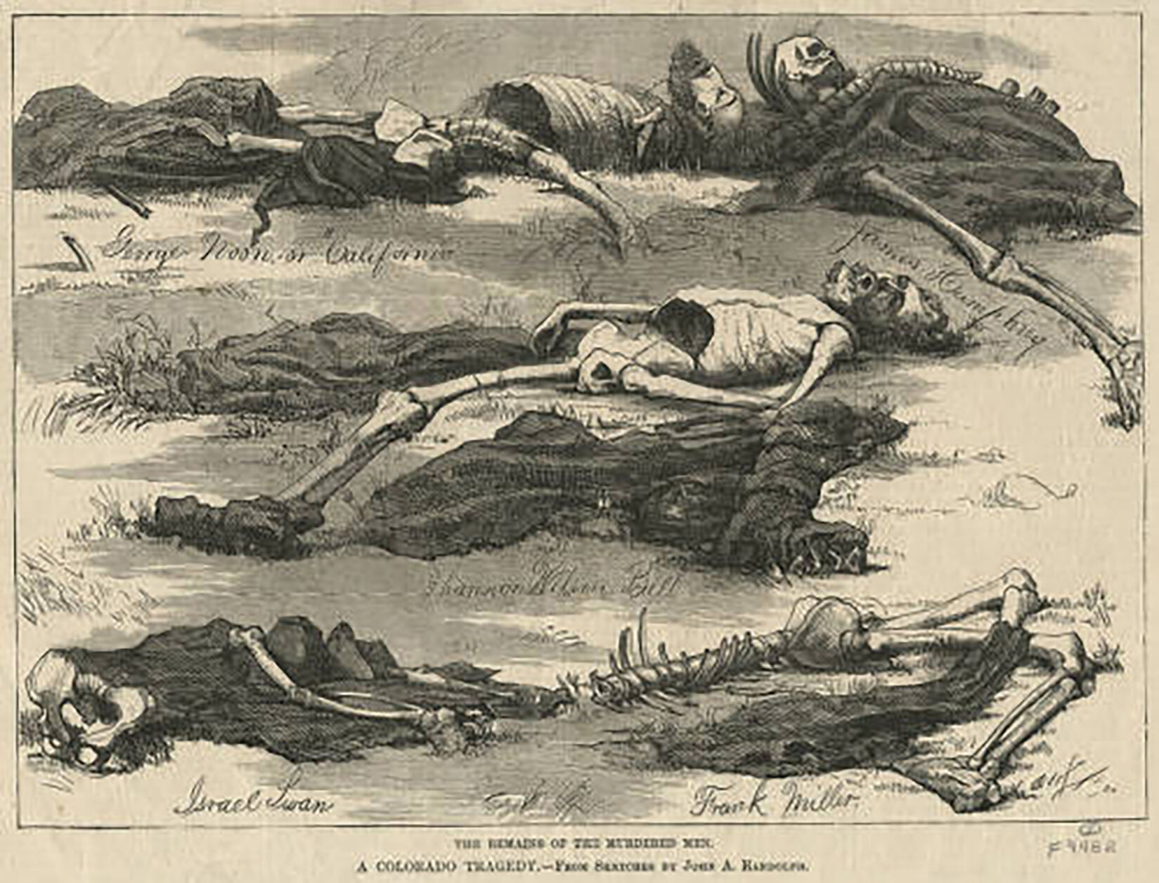A rendering of the skeletons and partially clothed remains from bodies said to be eaten by Alfred Packer lay on the ground near Lake City. (courtesy of Denver Public Library Special Collections, Z-4070)