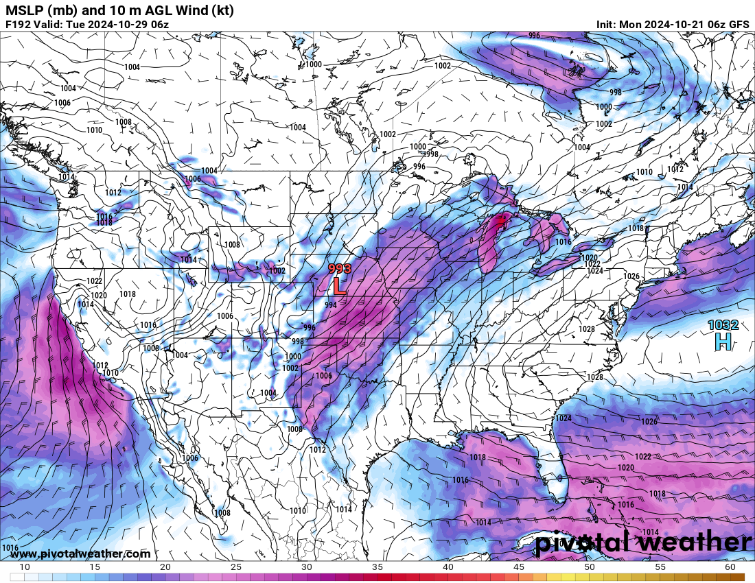Forecasted wind speeds for the lower 48 states from the GFS model for 11 p.m., Monday, Oct. 28, 2024. A cold front is forecast to push across the western United States, bringing snow to areas of the central and northern Rockies. (Pivotal Weather.com)