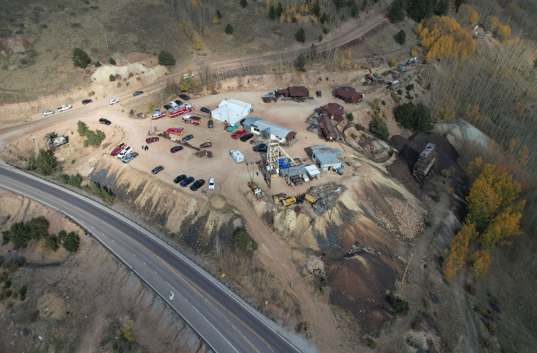Emergency personnel stage outside the Mollie Kathleen Gold Mine on Thursday afternoon after one person died in an equipment malfunction during a tour of the mine. (Arthur Trickette-Wile, The Gazette)