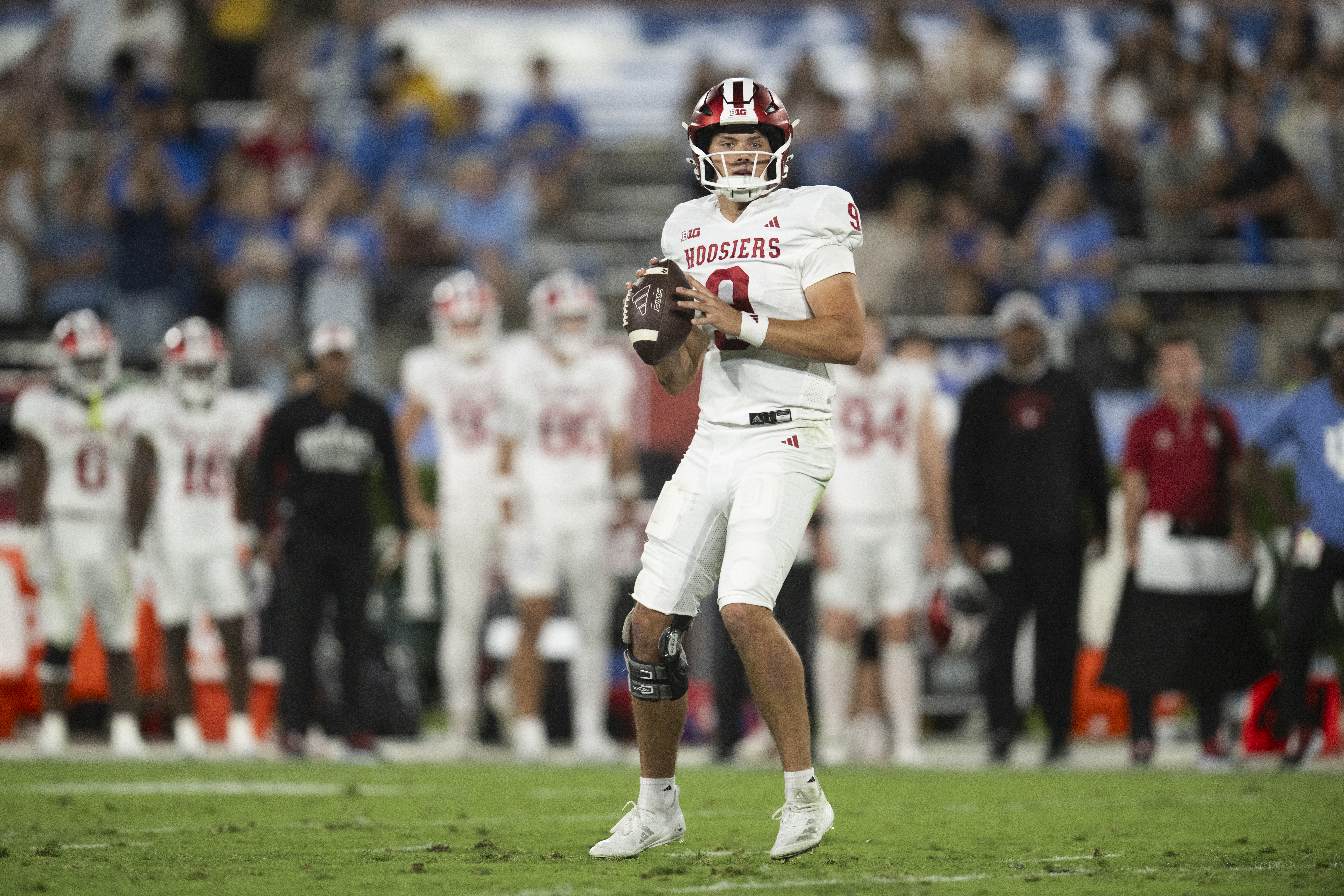 Indiana quarterback Kurtis Rourke (9) looks to throw a pass during an NCAA football game against UCLA on Saturday, Sept. 14, 2024, in Pasadena, Calif. (AP Photo/Kyusung Gong) (Kyusung Gong)