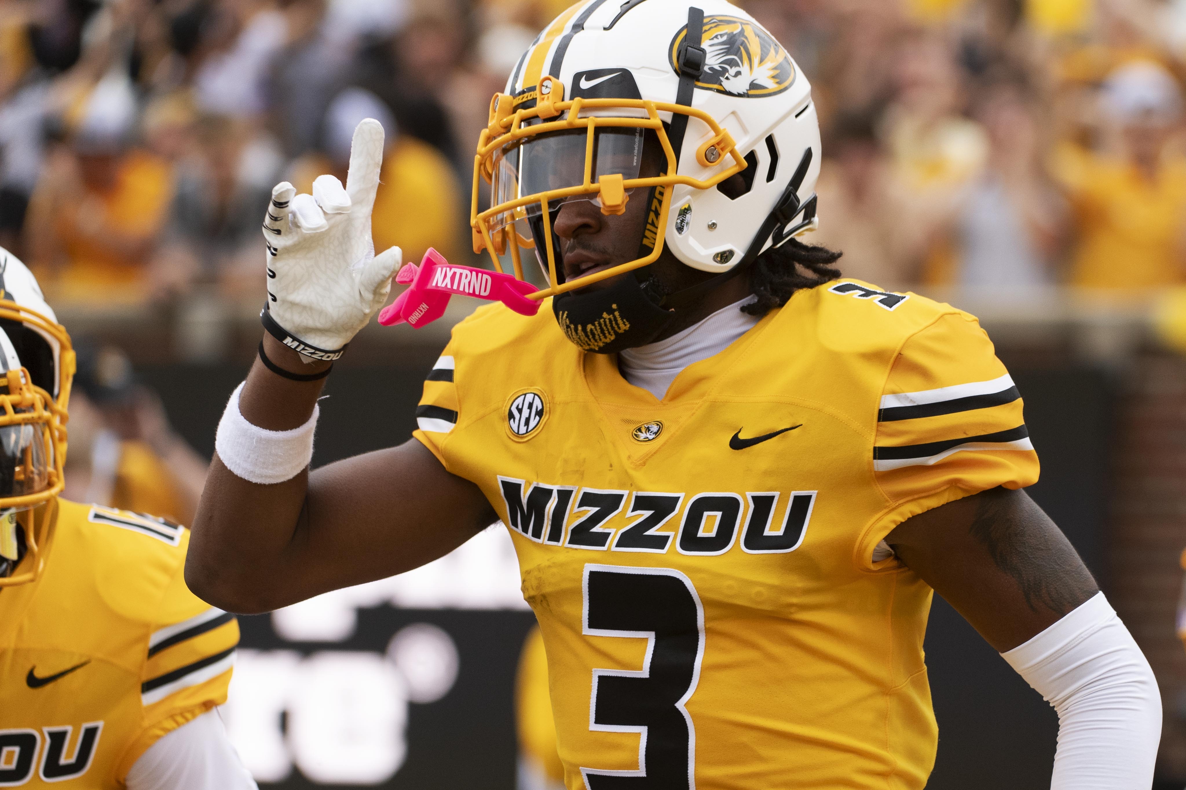 Missouri wide receiver Luther Burden III (3) celebrates a touchdown during the first half of an NCAA college football game against Vanderbilt Saturday, Sept. 21, 2024, in Columbia, Mo. (AP Photo/L.G. Patterson) (L.G. Patterson)