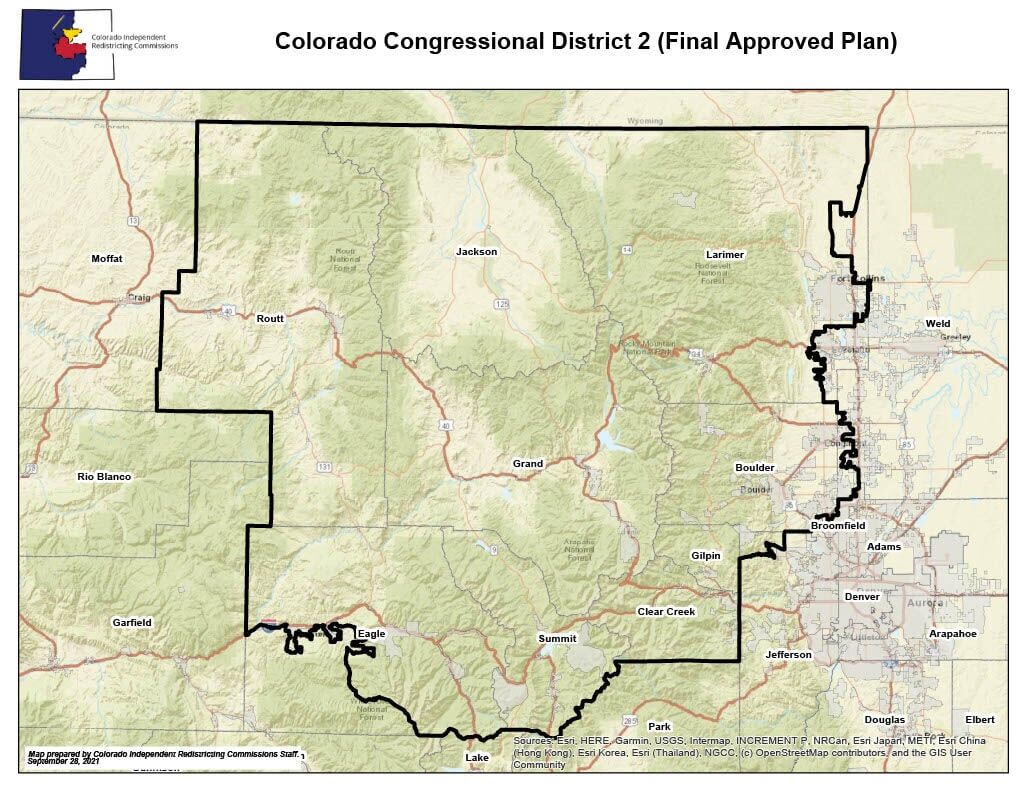 Colorado's 2nd Congressional District Map. (Source: Colorado Independent Redistricting Commissions).Colorado's 2nd Congressional District Map