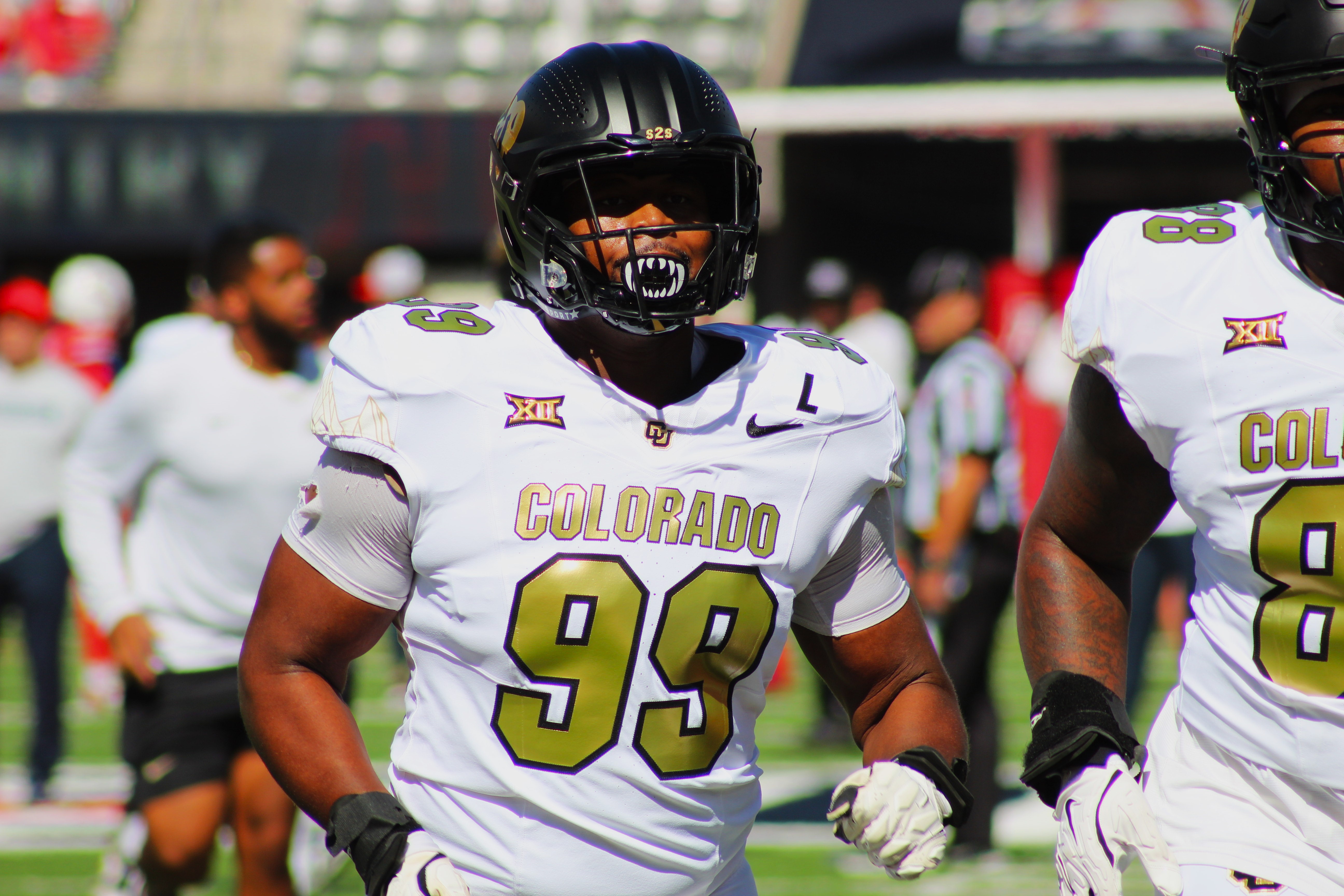 Colorado graduate student defensive lineman Shane Cokes (99) warms up before a game against Arizona on Saturday, Oct. 19, 2024 at Arizona Stadium in Tucson, Ariz. (Tyler King, The Denver Gazette)