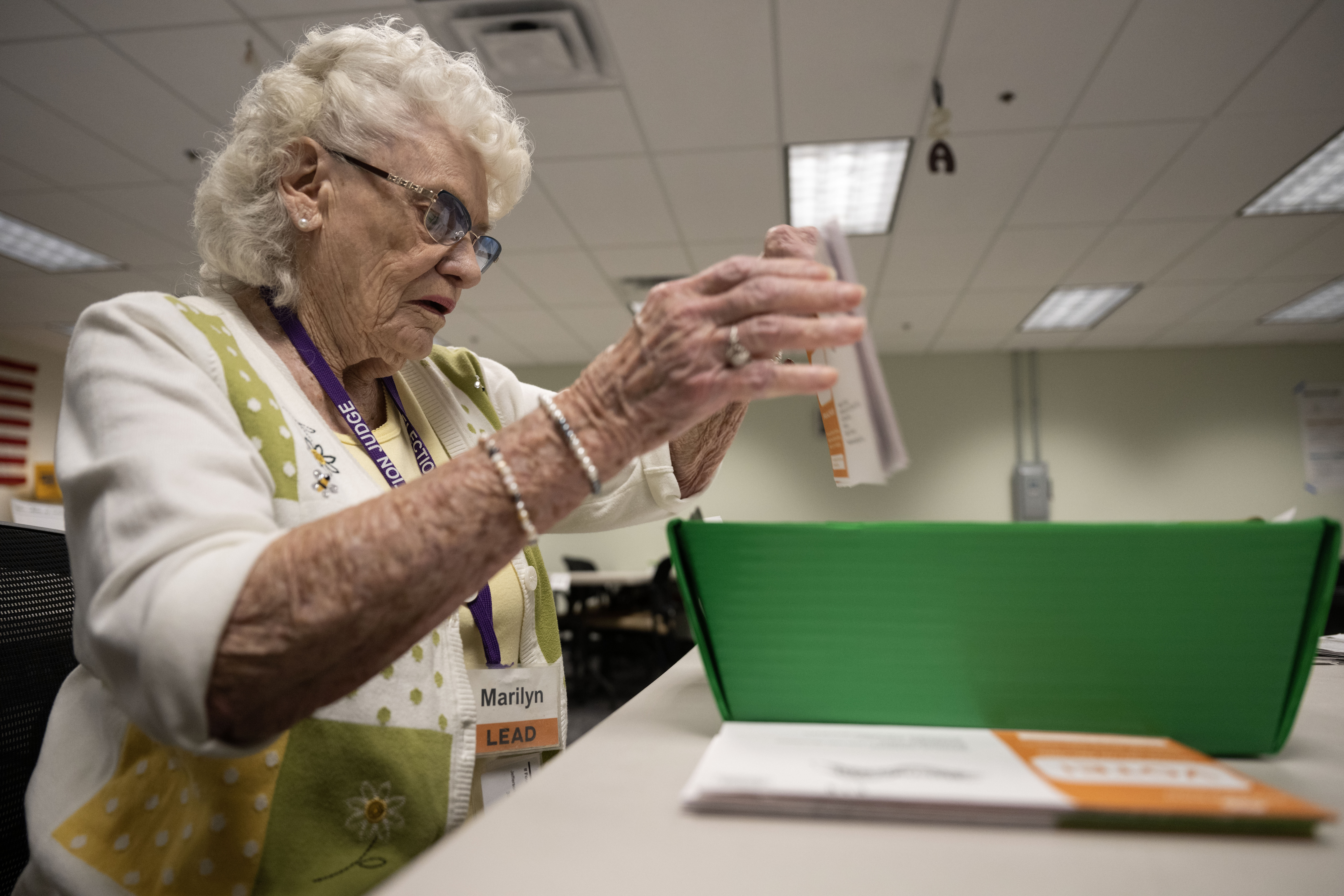 Marilyn Whisenand, 90-year old election judge in Jefferson County, stands for a portrait in the Jefferson County Election office in Golden on Thursday, Oct. 10, 2024. (Stephen Swofford, Denver Gazette) (Stephen Swofford Denver Gazette)