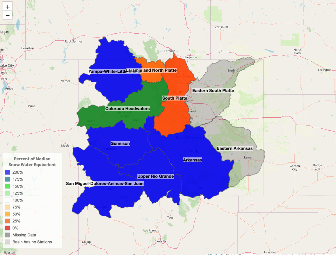This map shows where Colorado's River Basins are located, as well as where the highest compared-to-norm snowpack is found. Image: USDA.