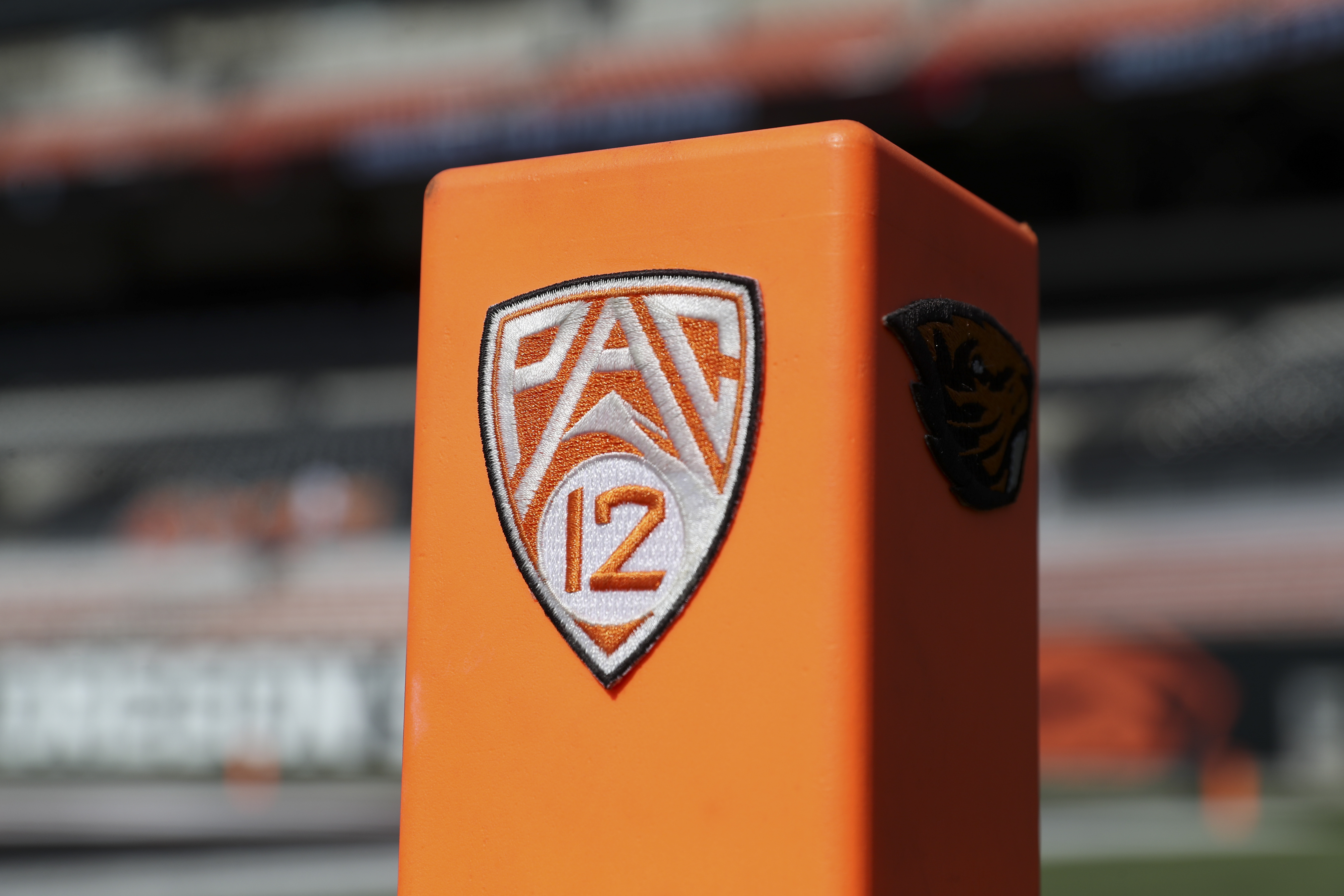 A Pac-12 logo on a pylon at Reser Stadium prior to an NCAA college football game between Oregon State and UC Davis Saturday, Sept. 9, 2023, in Corvallis, Ore. Oregon State won 55-7. (AP Photo/Amanda Loman) (Amanda Loman)