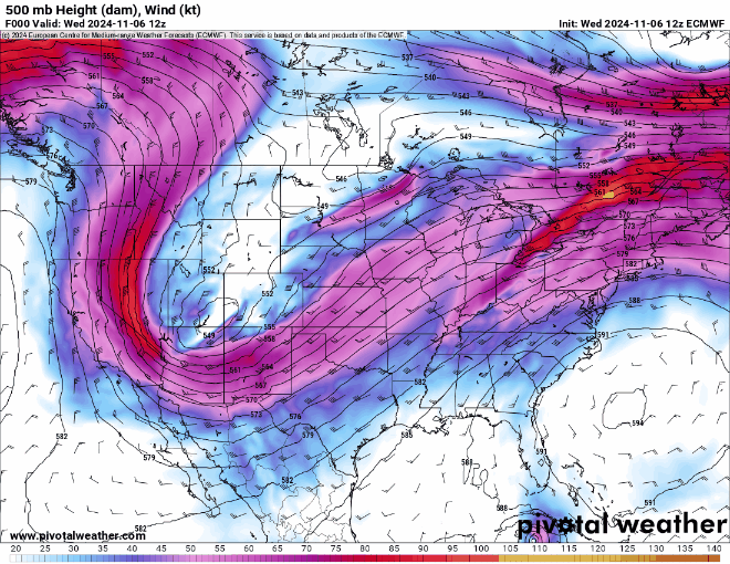 A ECMWF 500 mb Height (dam), Wind (kt) forecast model loop of a forecasted storm system crossing over the central Rockies, including Colorado from 5 a.m., Tuesday, Nov. 5 to 11 a.m., Sunday, Nov. 10, 2024. (PivotalWeather.com)