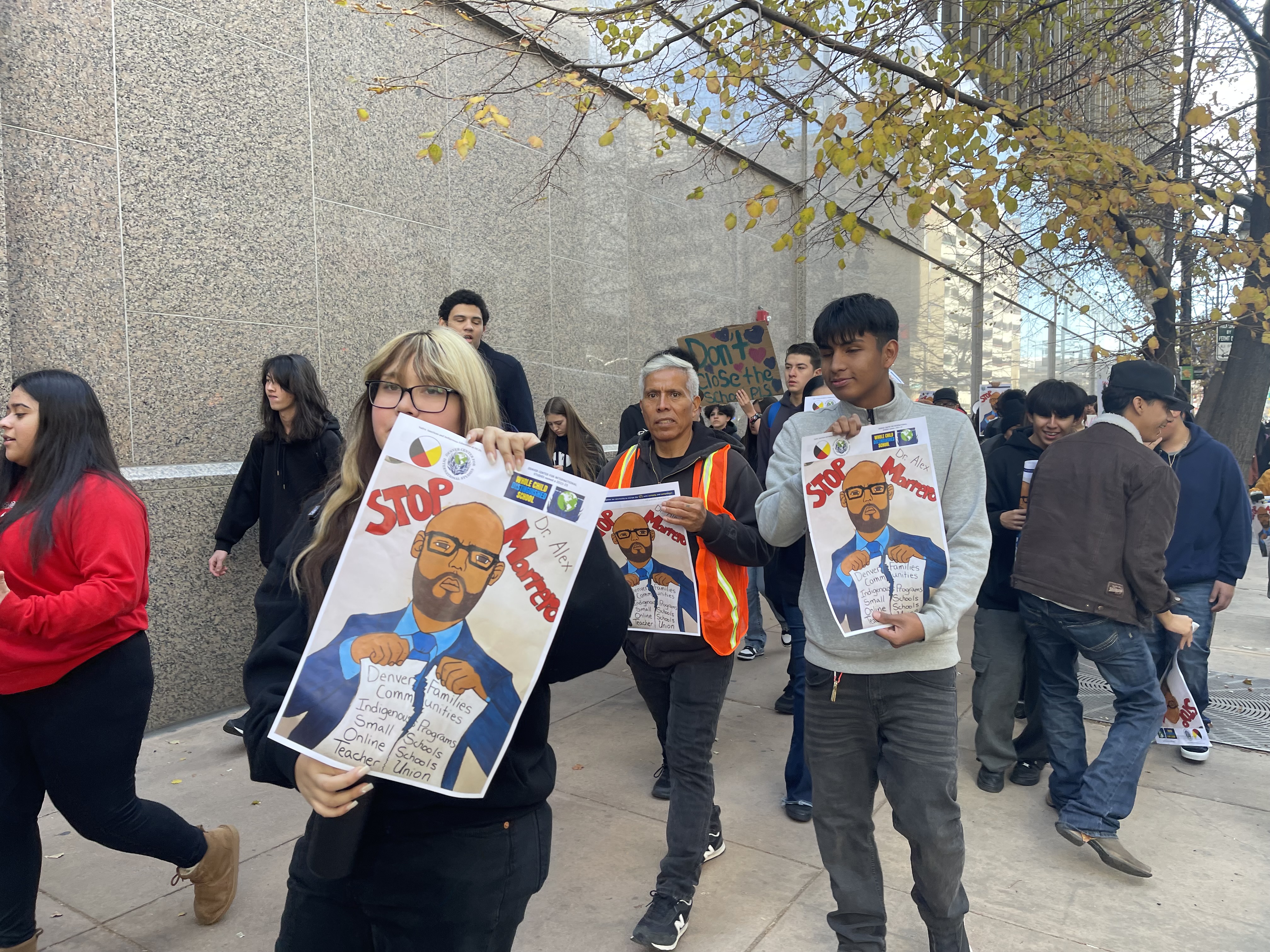 Protesters who walked out of their school on Friday, November 15, 2024, marched to the Denver Public Schools headquarters on Lincoln Street.