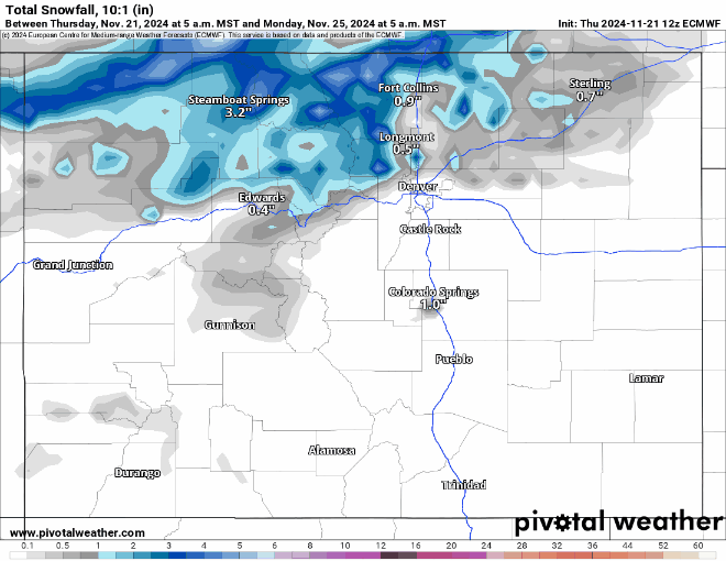 An ECMWF Total snowfall 10:1 (in) forecast map loop for Colorado from 5 a.m., Monday, Nov. 25 to 11 p.m., Wednesday, Nov. 27, 2024. (PivotalWeather.com)