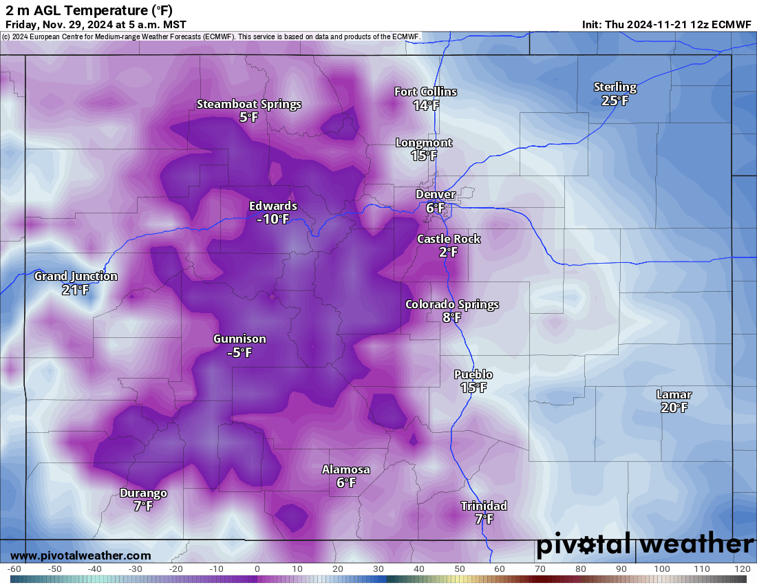An ECMWF 2 m AGL Temperature (F) forecast map for Colorado on the morning of Friday, Nov. 29, 2024 at 5 a.m. (PivotalWeather.com)