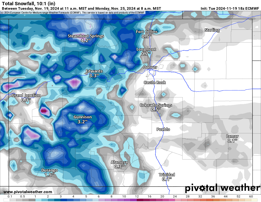 An ECMWF Total snowfall 10:1 (in) forecast map for Colorado for 8 a.m., Monday, Nov. 25, 2024. (PivotalWeather.com)