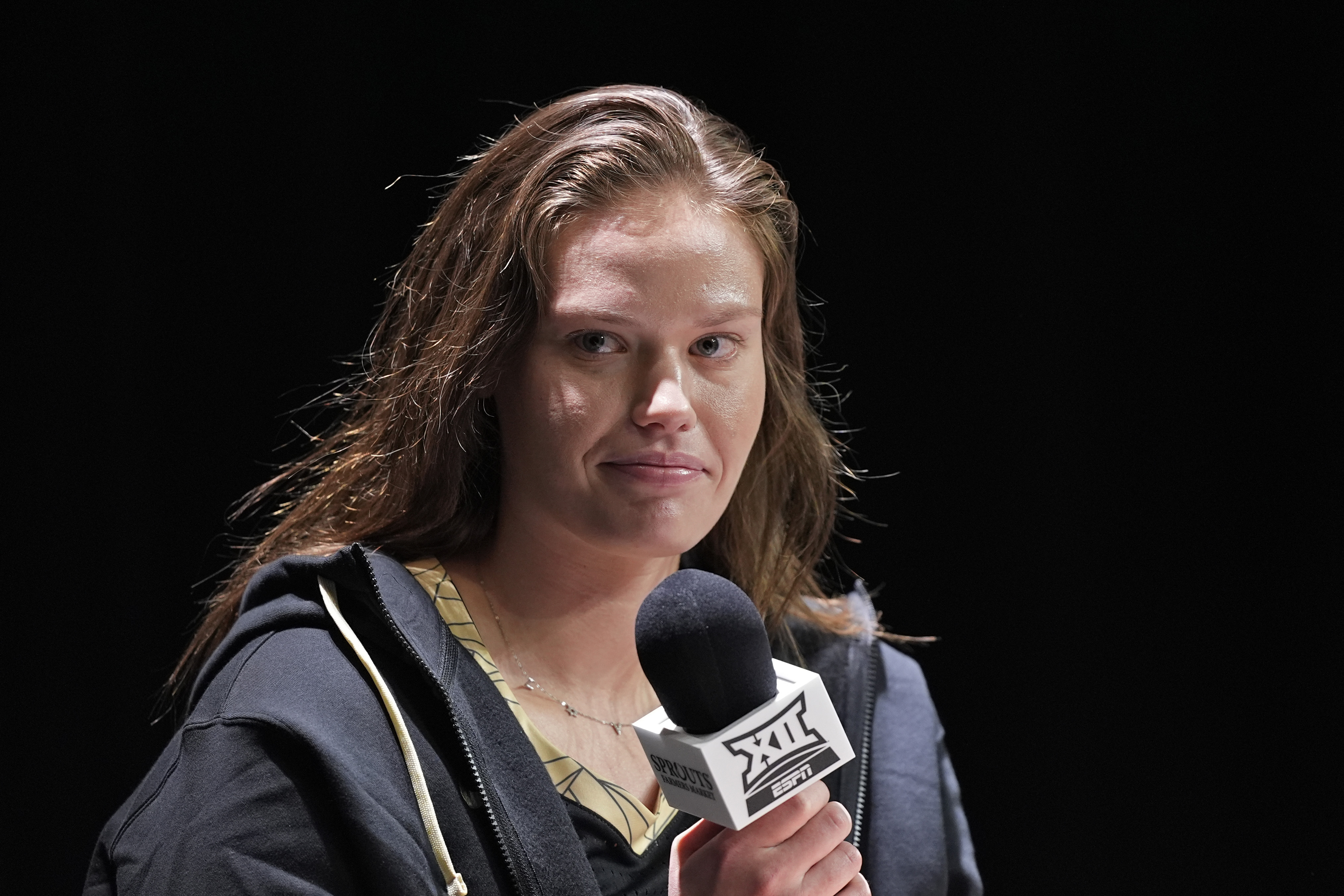 Colorado's Lior Garzon addresses the media during the NCAA college Big 12 women's basketball media day, Tuesday, Oct. 22, 2024, in Kansas City, Mo. (AP Photo/Charlie Riedel) (Charlie Riedel)