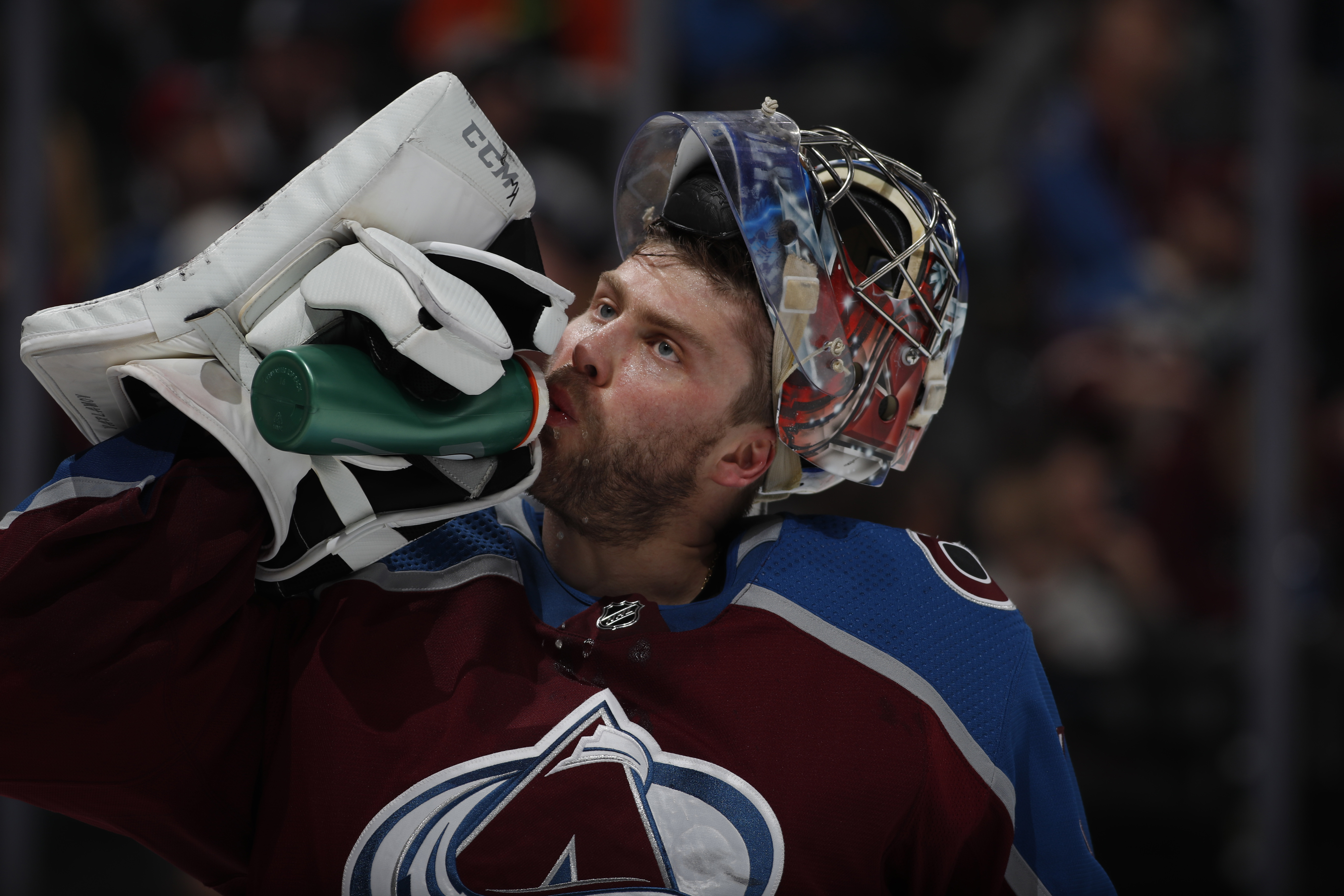 Colorado Avalanche goaltender Semyon Varlamov (1) in the second period of an NHL hockey game Tuesday, April 2, 2019, in Denver. (AP Photo/David Zalubowski) (David Zalubowski)