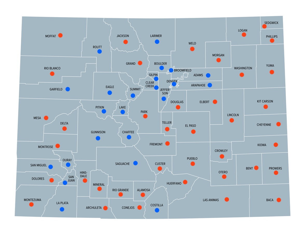A map of Colorado's 64 counties; red dots indicate Trump leading, blue dots indicate Harris leading. Map credit: PeterHermesFurian (iStock). (Dots added by OTC). (PeterHermesFurian)