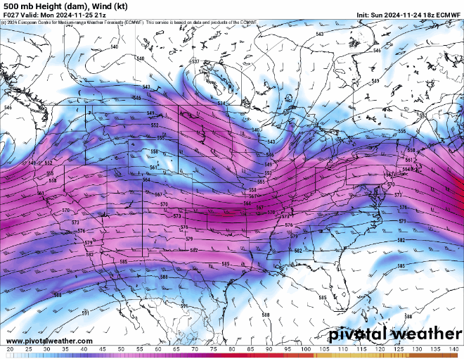 An ECMWF 500 mb (Height) dam Wind (kt) forecast model loop for Colorado from 2 p.m., Monday Nov. 25 to 11 p.m., Wednesday, Nov. 27, 2024. The reds, purples and blues are winds speeds in knots, with reds representing the fastest wind speeds between 16,000 and 20,000 feet in elevation. (PivotalWeather.com)