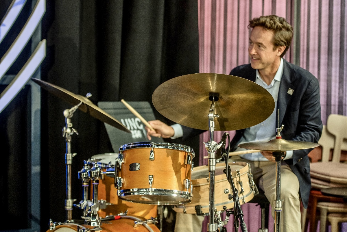 Denver Mayor Mike Johnston kicked off Denver Arts Week by jumping on the drums with Purnell Steen & the Five Points Ambassadors at Denver's Dazzle jazz club. Steen made Johnston and honorary Ambassador. (JOHN MOORE, DENVER GAZETTE)