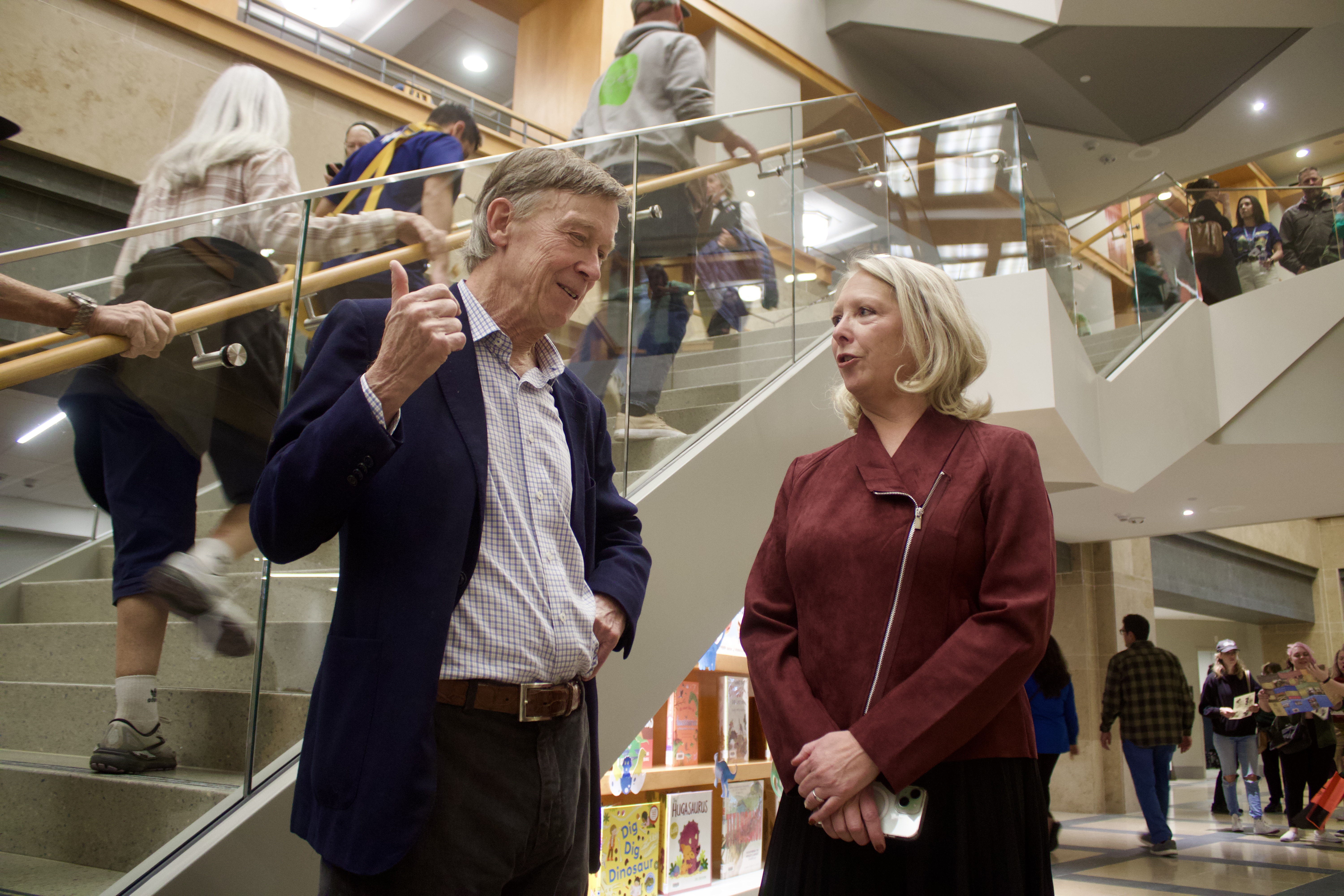 Colorado Sen John Hickenlooper talks with Denver Public Library Executive Director Michelle Jeske during the grand reopening of the Denver Central Library on Sunday, Nov. 3 in Denver, Colorado. (NoahFestensteinCity Government Reporternoah.festenstein@denvergazette.comhttps://denvergazette.com/content/tncms/avatars/9/f0/326/9f032698-379f-11ee-8053-8bacbed4931f.60984dba383441d9647e0e740a08a8e6.png)