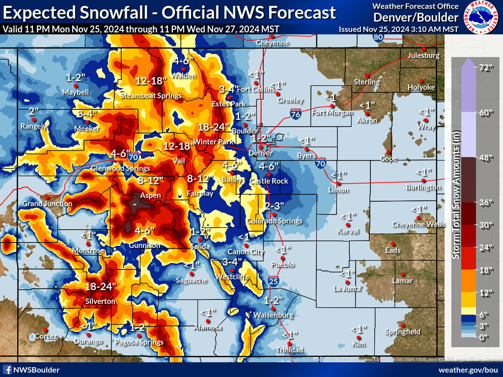 The 'expected' and most likely snowfall scenario between Monday evening and Wednesday night. Map: National Weather Service.