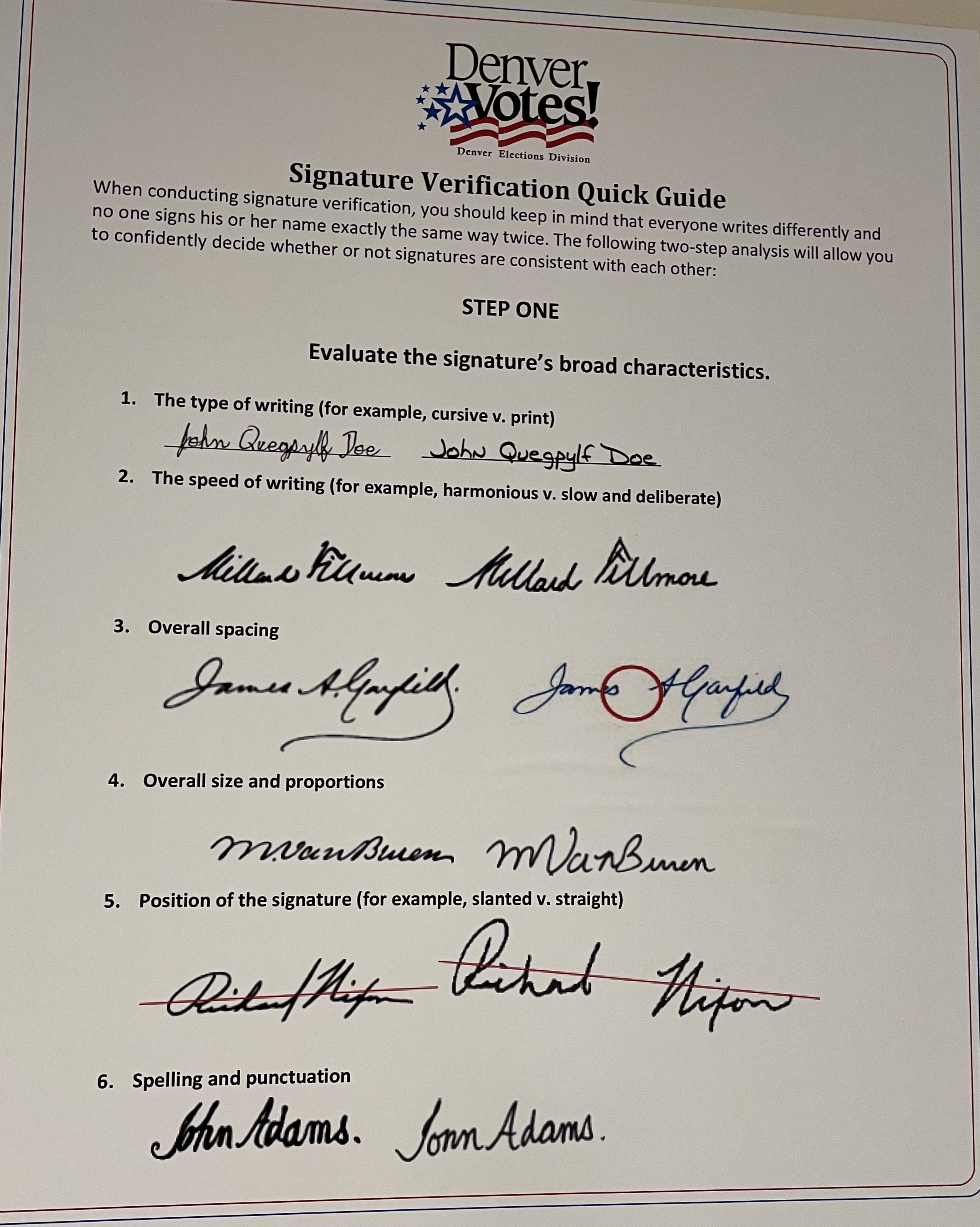 This is a sample of a poster on the wall in the ballot signature verification room of the Denver Clerk & Recorder's Office that shows how handwriting can be different. (CarolMcKinleyDenver Enterprise Reportercarol.mckinley@gazette.comhttps://denvergazette.com/content/tncms/avatars/5/c3/a0f/5c3a0fbe-1007-11ec-9e18-b7f42cfa4b0f.9565a0ce58866e86bcf18260621c2a46.png)