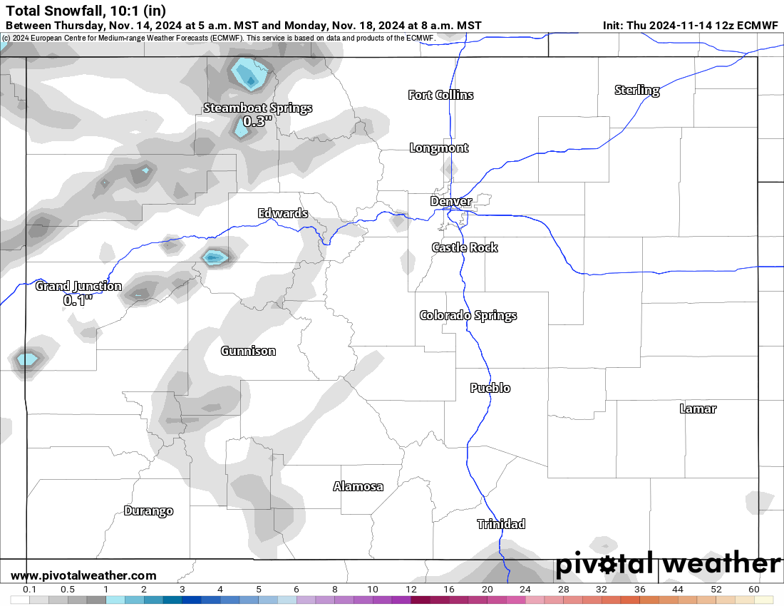 The GFS Total snowfall 10:1 (in) forecast model for Colorado for 8 a.m., Monday, Nov. 18, 2024. (PivotalWeather.com)
