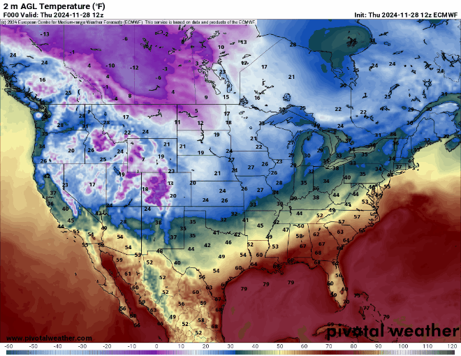 An ECMWF 2 m AGL Temperature (F) forecast model loop of the United States from 5 a.m., Thursday, Nov. 28 to 5 a.m., Monday, Dec. 9, 2024. (PivotalWeather.com)