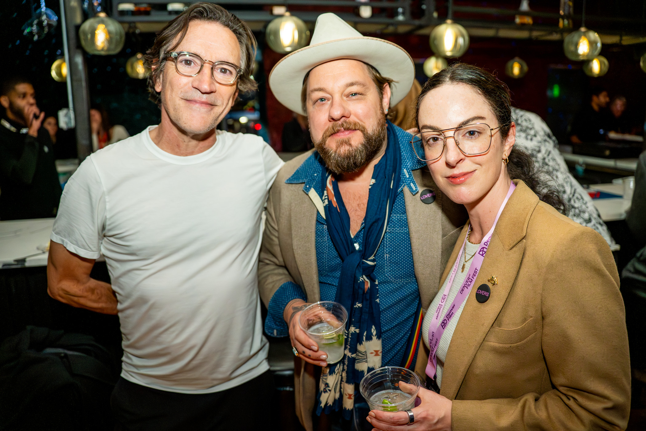 Award-winning actor Ban Chaplin, Denver music superstar Nathaniel Rateliff and his partner, Denver filmmaker Taylor McFadden, at the Denver Film Festival closing-night party on Nov. 9, 2024. (BEAU NGU/DENVER FILM)
