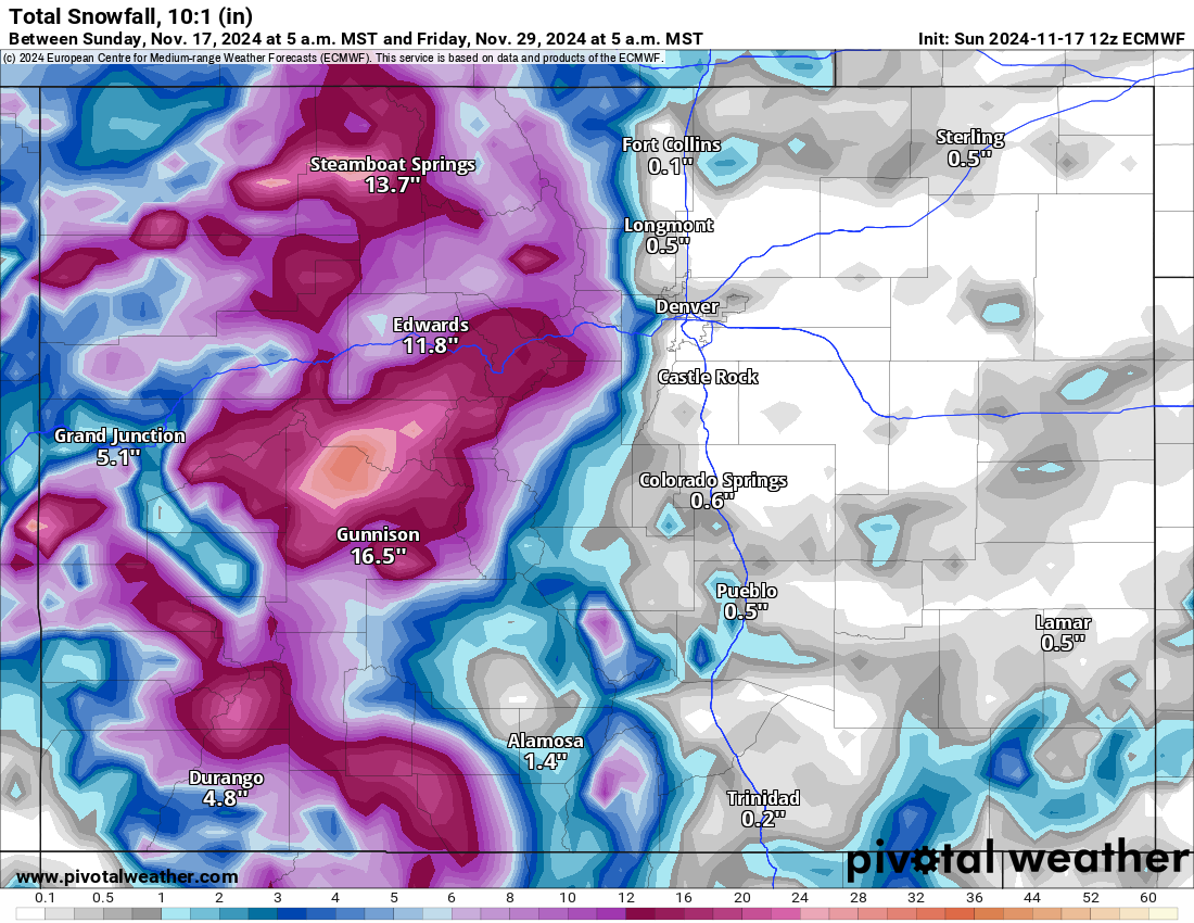 A GFS Total snowfall 10:1 (in) forecast map for Colorado from Sunday, Nov. 17 to Friday, Nov. 29, 2024. (PivotalWeather.com)