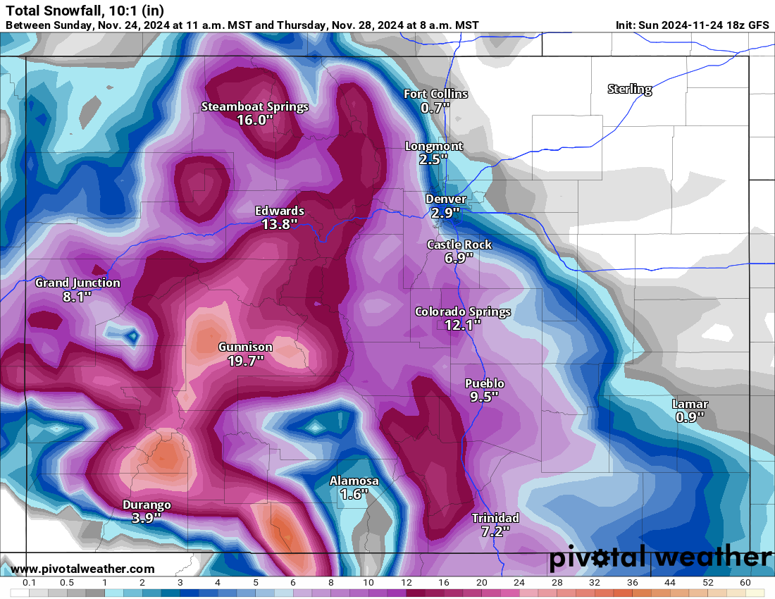 A GFS Total snowfall 10:1 (in) forecast model for Colorado from between 11 a.m., Sunday, Nov. 24 to 8 a.m., Thursday, Nov. 28, 2024. (PivotalWeather.com)