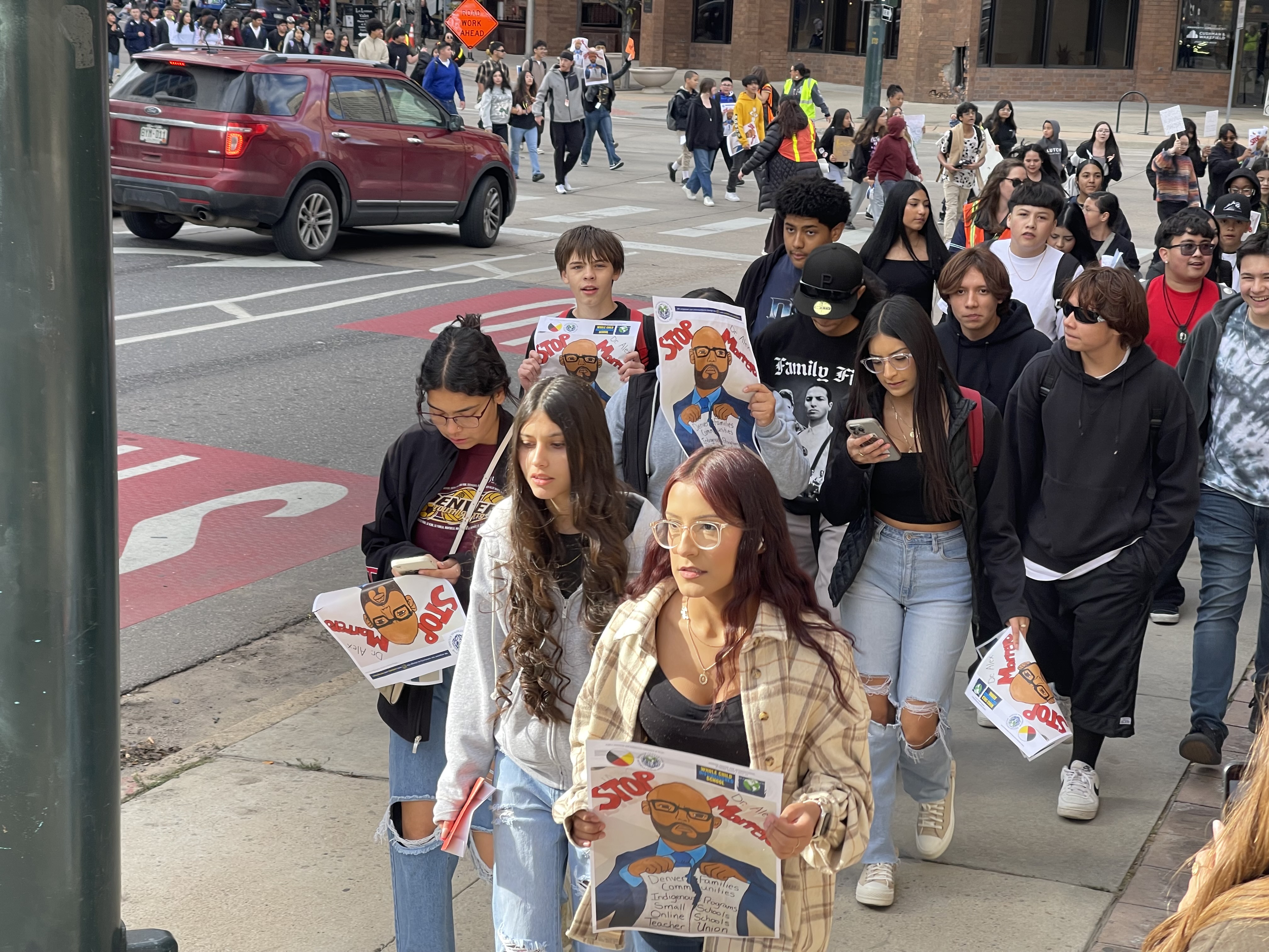 Student protesters filled the sidewalk in front of Denver Public Schools administrative building on Lincoln Street on Friday, November 15, 2024. (Nico Brambila, The Denver Gazette)