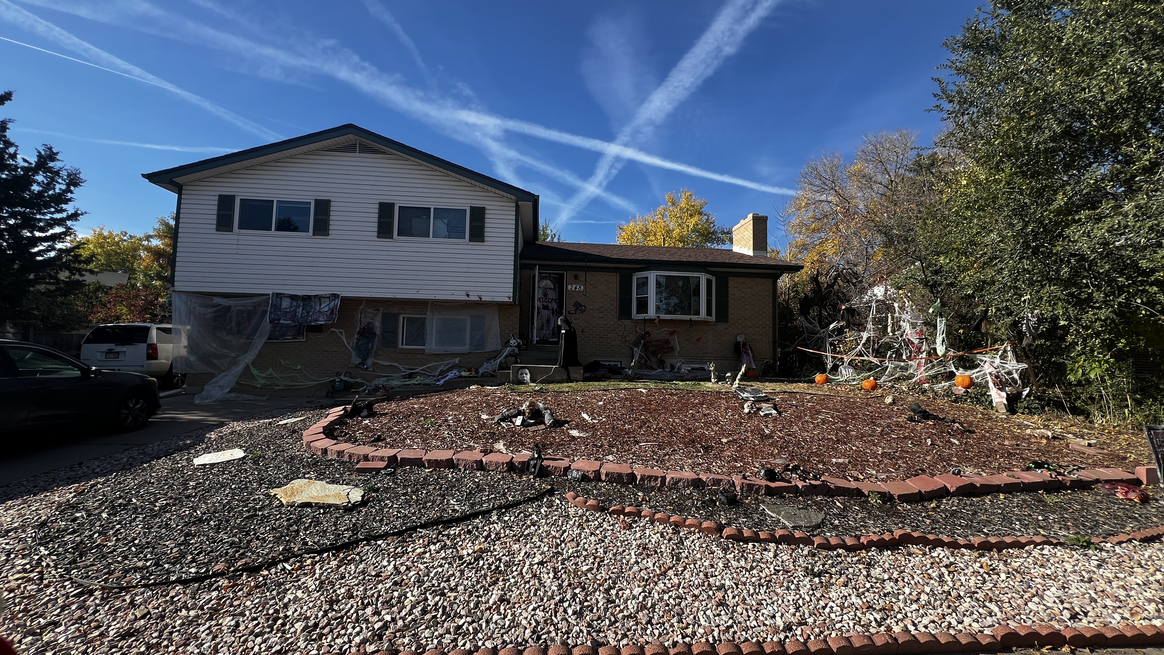 The exterior of a home in the 200 block of Belford Drive where three people were fatally shot and several others were injured after a Halloween party in the early morning hours of Nov. 1, 2024. (Deborah Grigsby, The Denver Gazette)