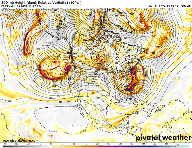 An ECMWF 500 mb Height (dam), Relative Vorticity forecast model loop for North America from 8 a.m., Friday, Nov. 22 to 11 p.m., Wednesday, Nov. 27, 2024. (PivotalWeather.com)