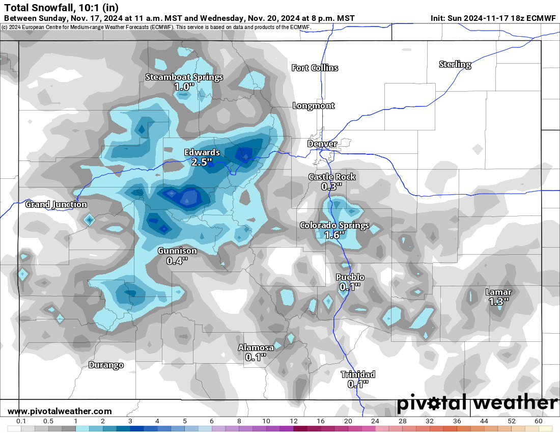 The ECMWF Total snowfall 10:1 (in) forecast model for Colorado by 8 a.m., Wednesday, Nov. 20, 2024. (PivotalWeather.com)