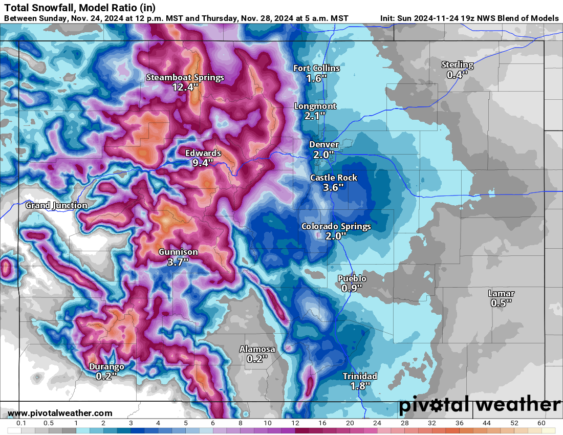 A NWS Blend Total snowfall 10:1 (in) forecast model for Colorado from between 12 p.m., Sunday, Nov. 24 to 5 a.m., Thursday, Nov. 28, 2024. (PivotalWeather.com)
