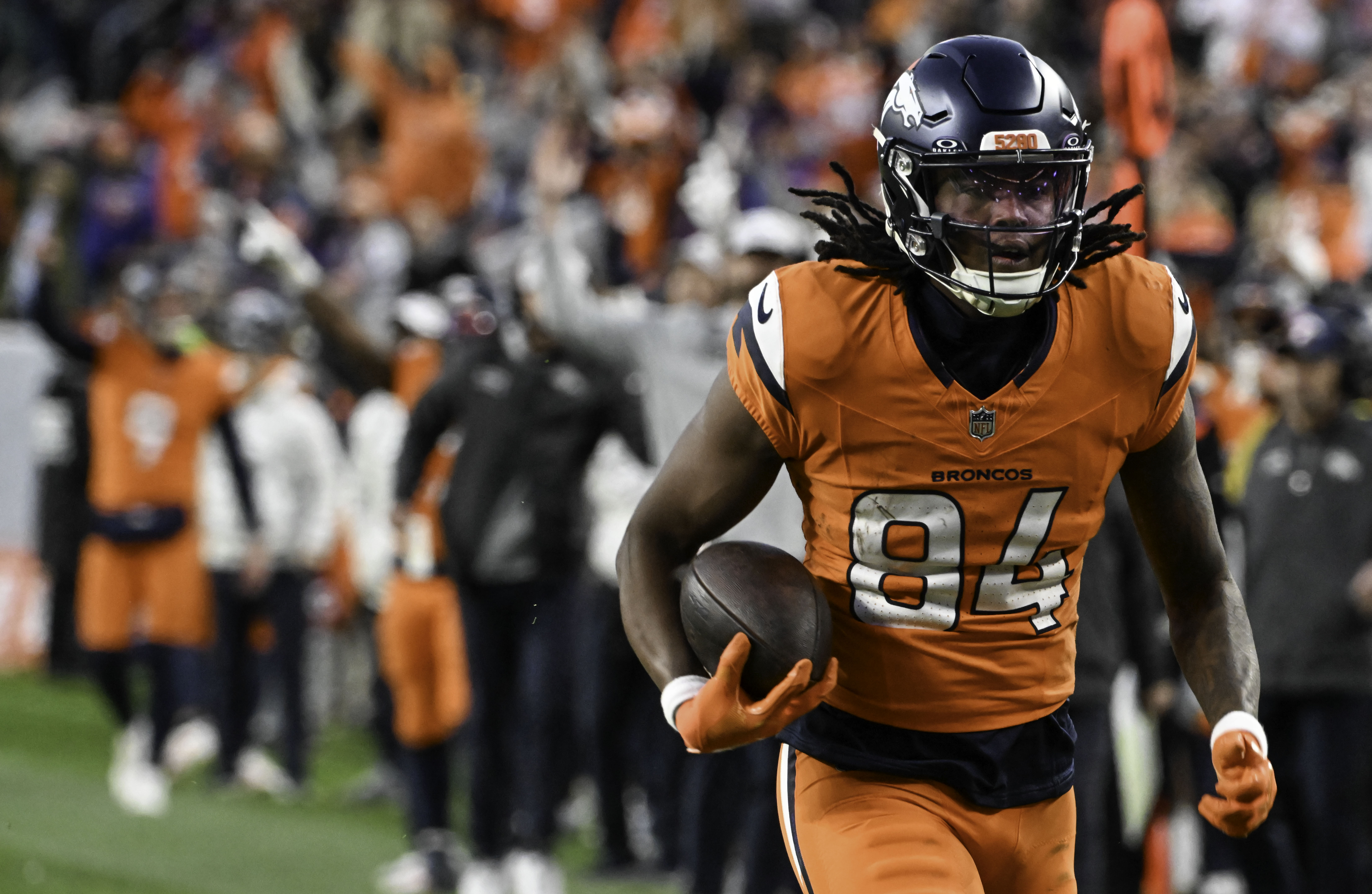 Denver Broncos wide receiver Lil'Jordan Humphrey (84) heads for the end zone for a touchdown during the fourth quarter of a game at Empower Field at Mile High on Sunday, Nov. 17, 2024. The Broncos defeated the Falcons 38-6. (Jerilee Bennett,The Gazette)