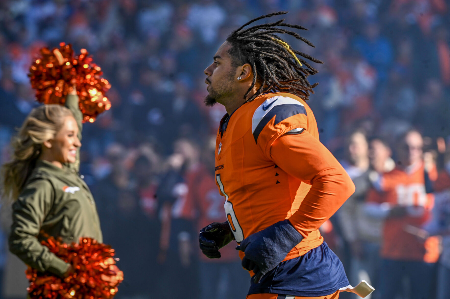 Denver Broncos safety P.J. Locke (6) takes the field before a game against the Falcons at Empower Field at Mile High on Sunday, Nov. 17, 2024. (Jerilee Bennett,The Gazette)