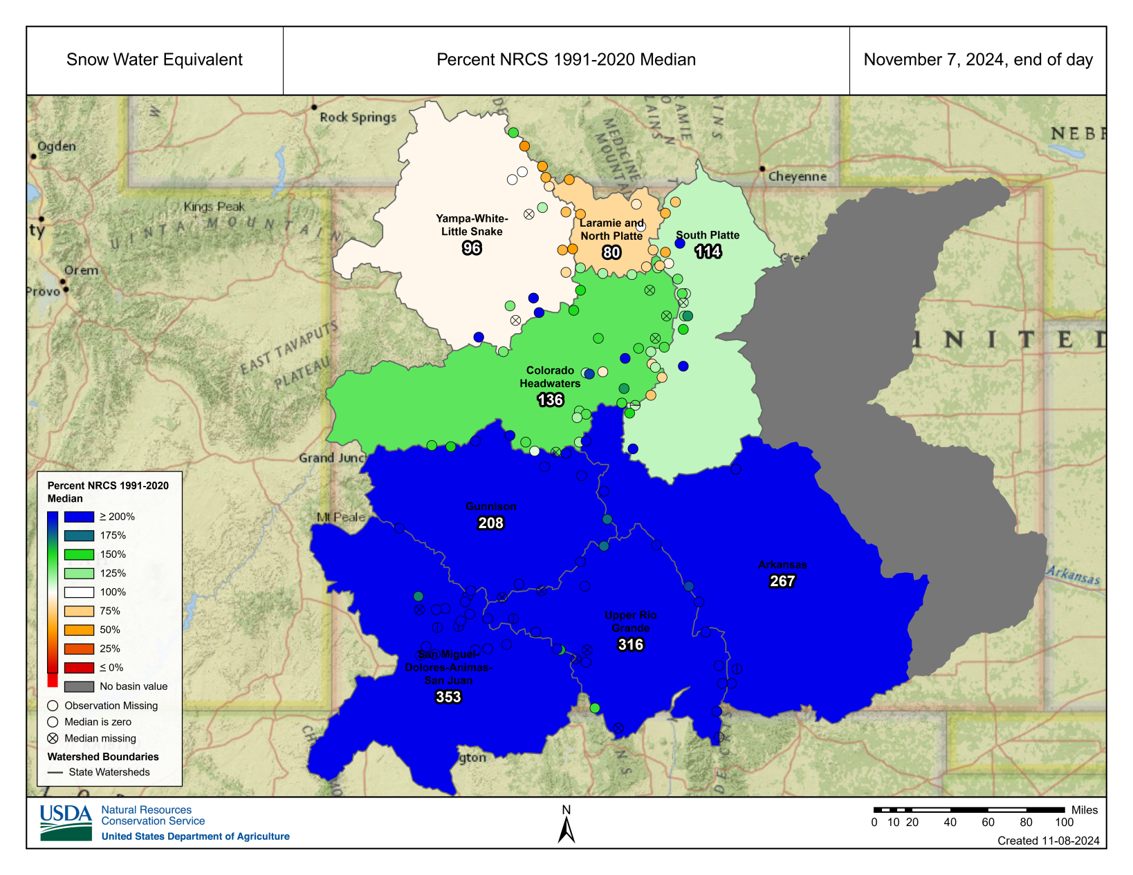 Snow Water Equivalent Percent 1991-2020 Median November 7 2024