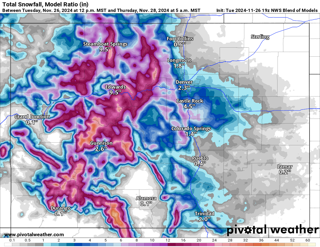A NWS Blend of Models Total snowfall 10:1 (in) forecast model map for Colorado from 12 p.m., Tuesday, Nov. 26 to 5 a.m., Thursday, Nov. 28, 2024.