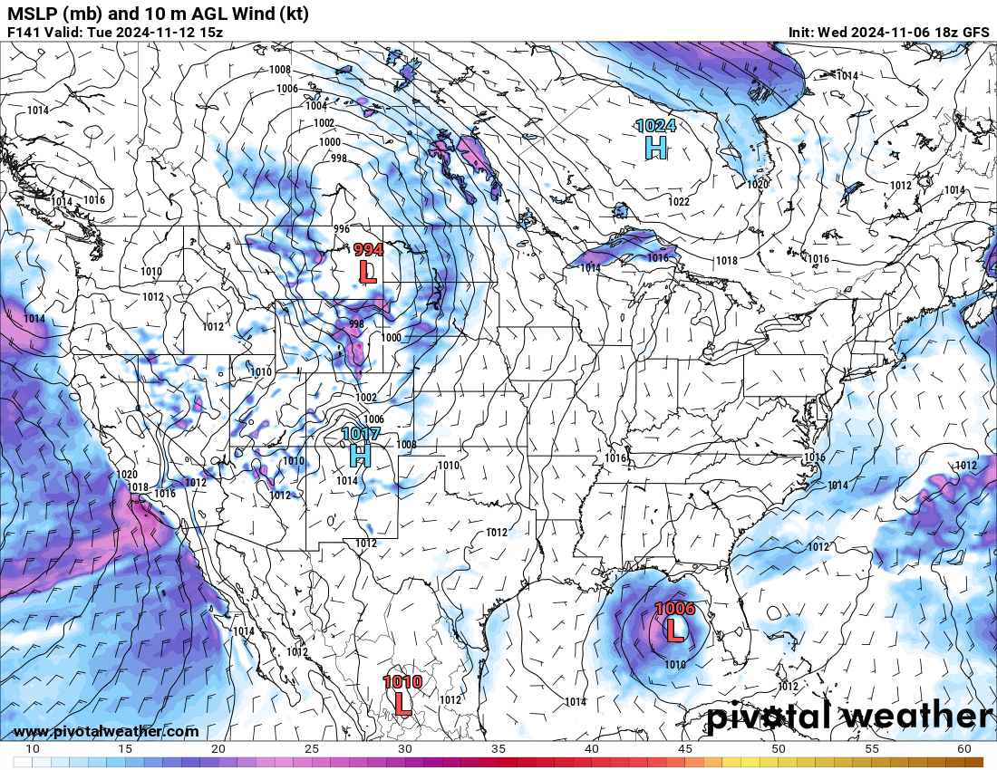 The GFS MSLP (mb) and 10m AGL Wind (kt) forecast model for 8 a.m. Tuesday, Nov. 12 for Colorado. (PivotalWeather.com)