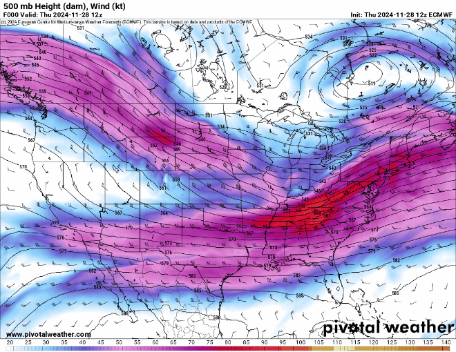 An ECMWF 500 mb Height (dam) Wind (kt) forecast model loop of the United States from 5 a.m., Nov. 28 to 5 a.m., Dec. 9, 2024. (PivotalWeather.com)