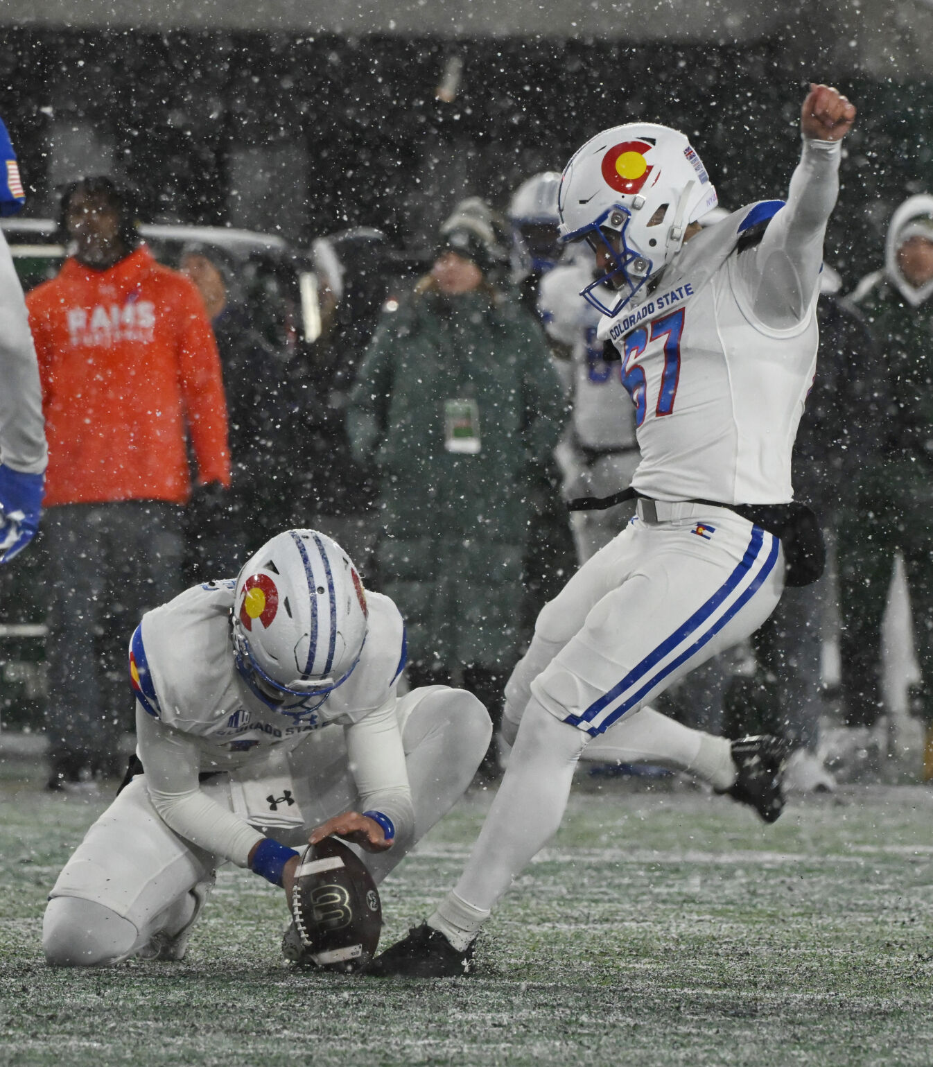 Colorado State Rams place kicker Jordan Noyes (67) kicks the ball during a game at CSU on Saturday, Oct. 28, 2023. (Photo by Jerilee Bennett, The Gazette)