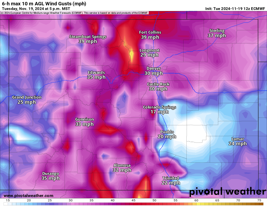 A ECMWF 6-h max 10m AGL Wind Gusts (mph) forecast for Colorado for 5 p.m., Tuesday, Nov. 19, 2024. (PivotalWeather.com)