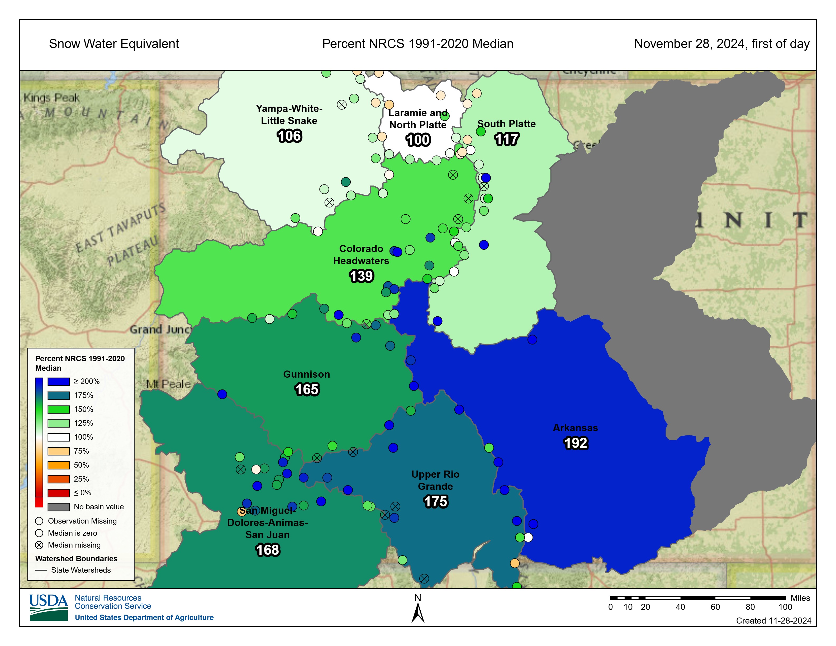 A snow water equivalent percentage map for Colorado's river basin from Thursday, Nov. 28, 2024. (National Resources Conservation Service)