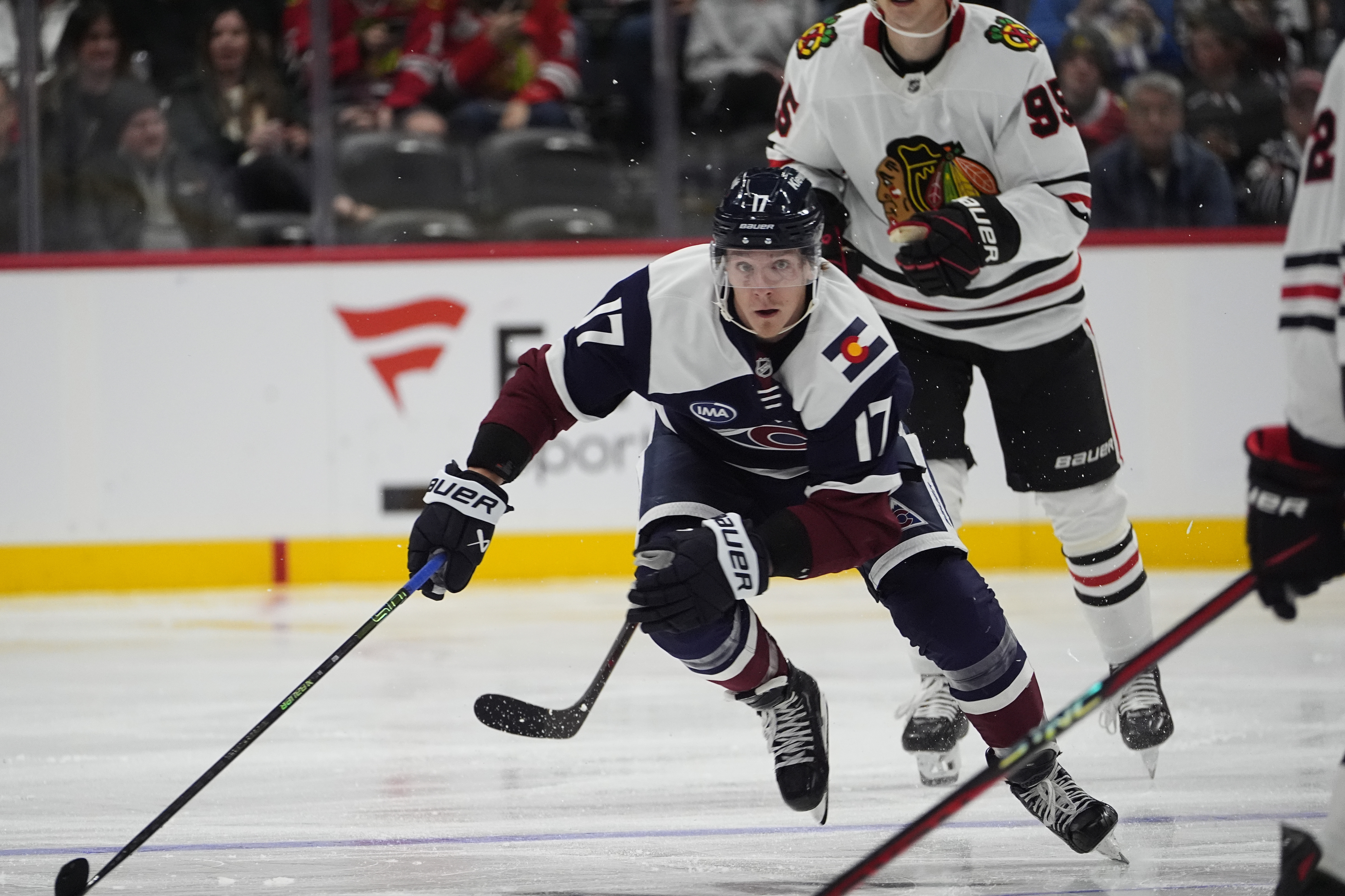 Colorado Avalanche center Parker Kelly (17) in the third period of an NHL hockey game Monday, Oct. 28, 2024, in Denver. (AP Photo/David Zalubowski) (David Zalubowski)