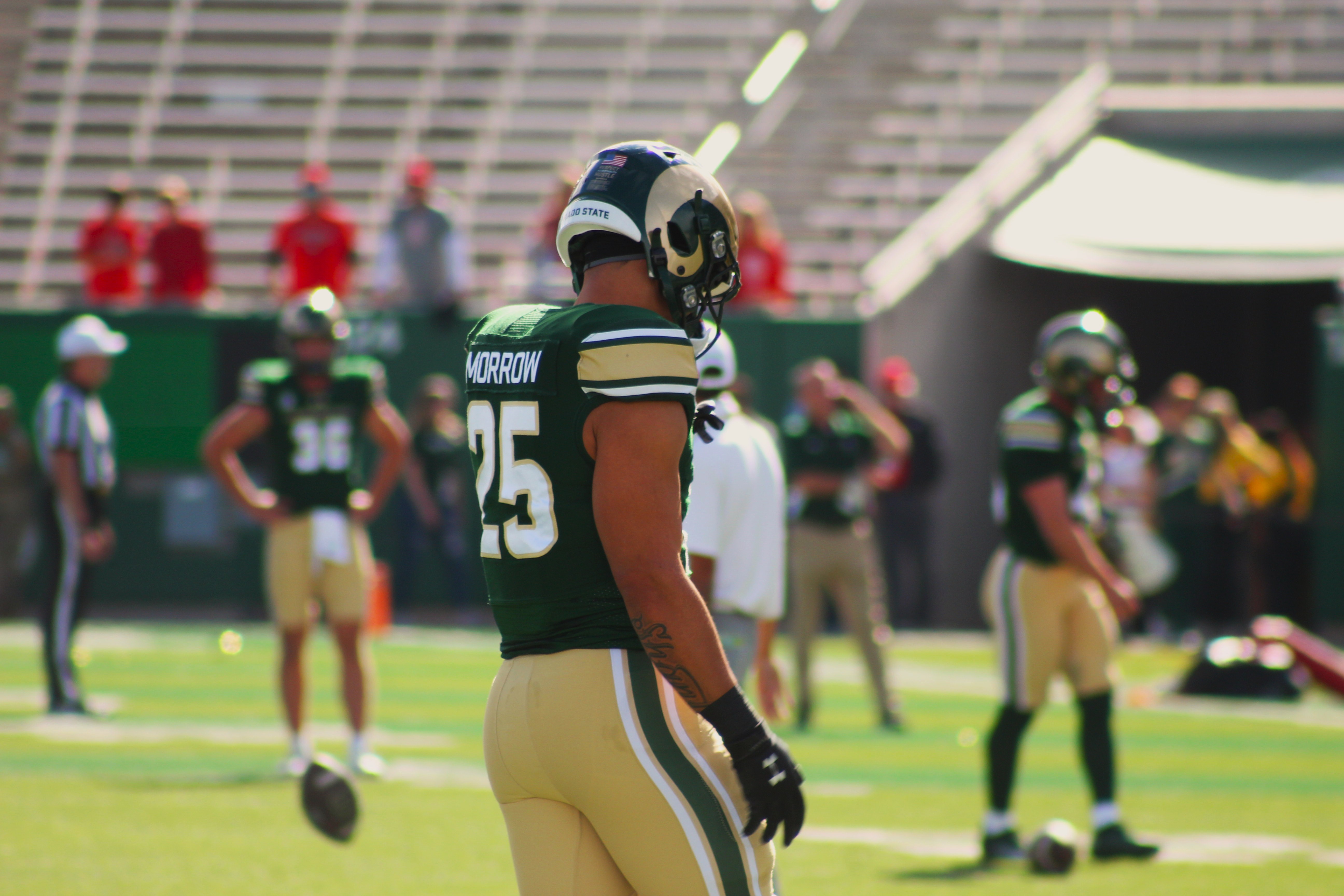 Colorado State senior running back Avery Morrow (25) warms up before a game against New Mexico on Saturday, Oct. 26, 2024 at Canvas Stadium in Fort Collins. (Tyler King, The Denver Gazette)