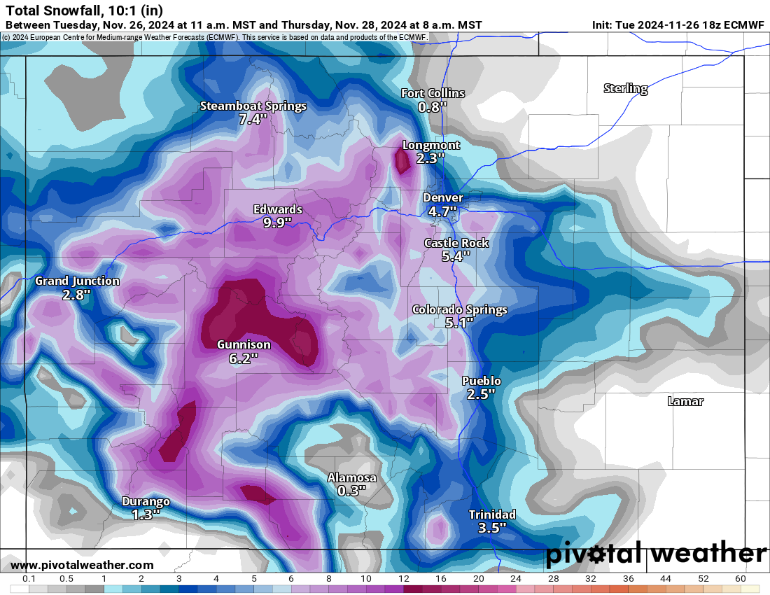 An ECMWF Total snowfall 10:1 (in) forecast model map for Colorado from 11 a.m., Tuesday, Nov. 26 to 8 a.m., Thursday, Nov. 28, 2024. (PivotalWeather.com)